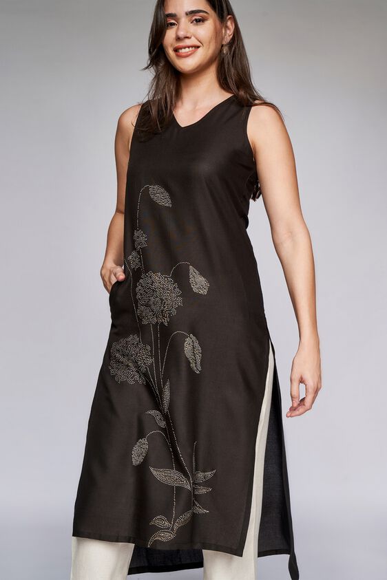 1 - Black Floral Straight Kurta, image 2