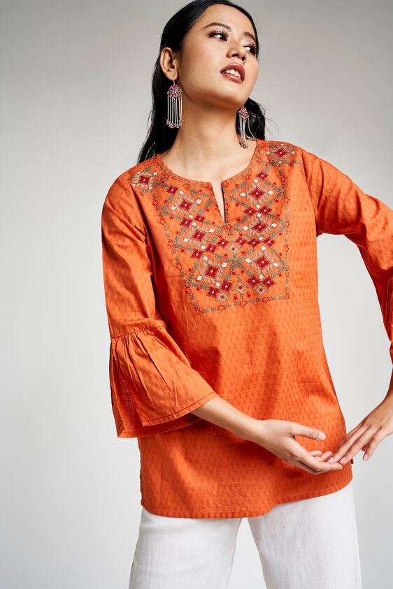 1 - Rust Embroidered Tie-Up Neck A-Line Top, image 1