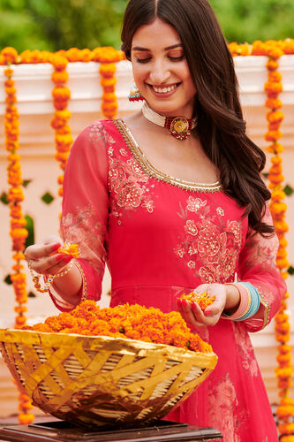 Red Floral Flared Gown, Red, image 7