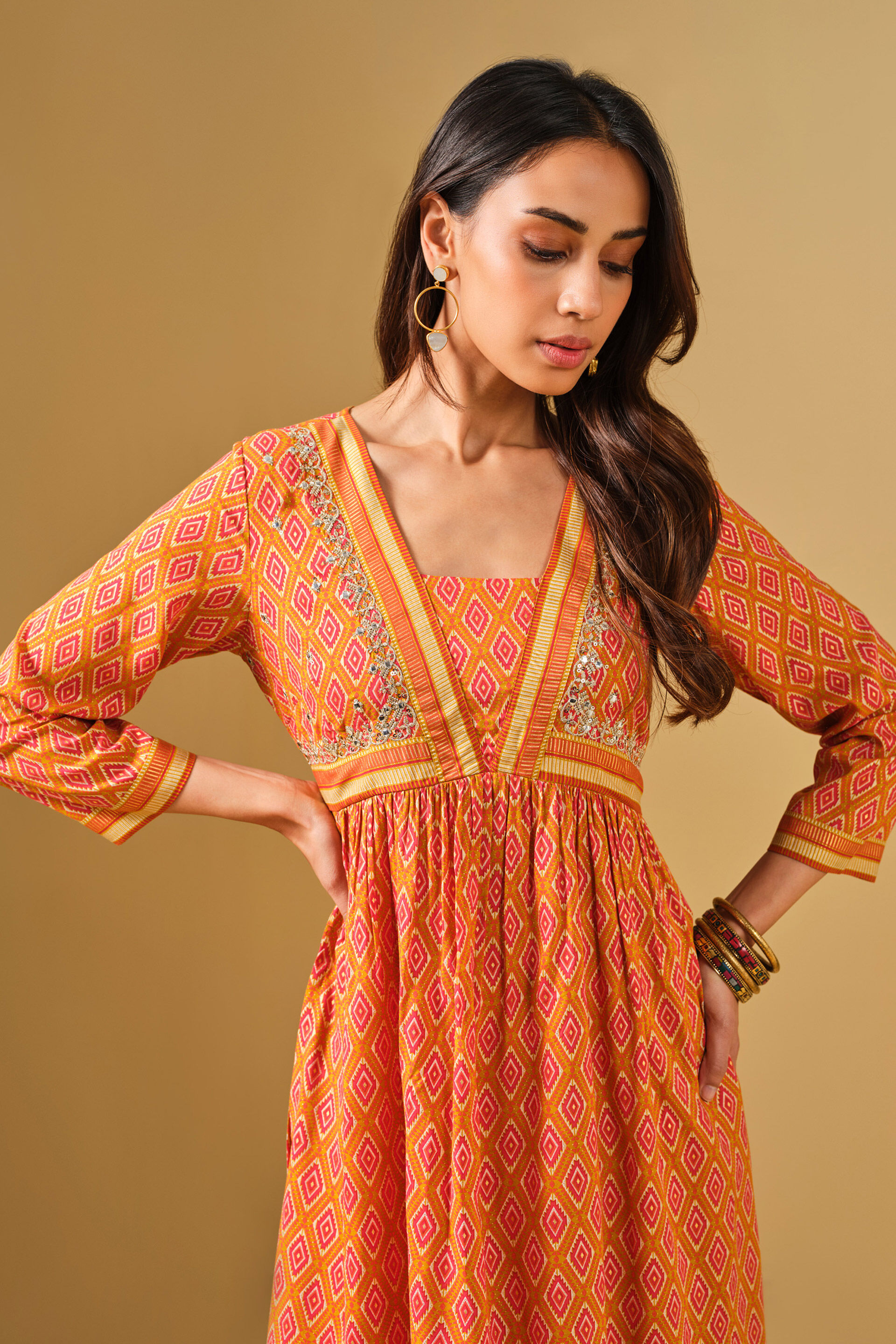 Geometric Print Orange Viscose Kurta Set, Orange, image 5