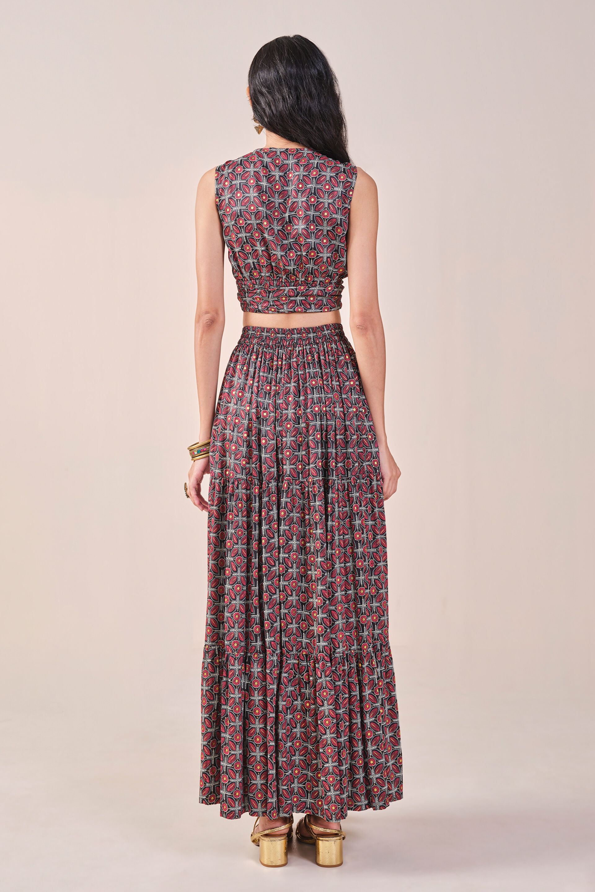 Floral Print Embroidered Tiered Skirt Set, Black, image 6