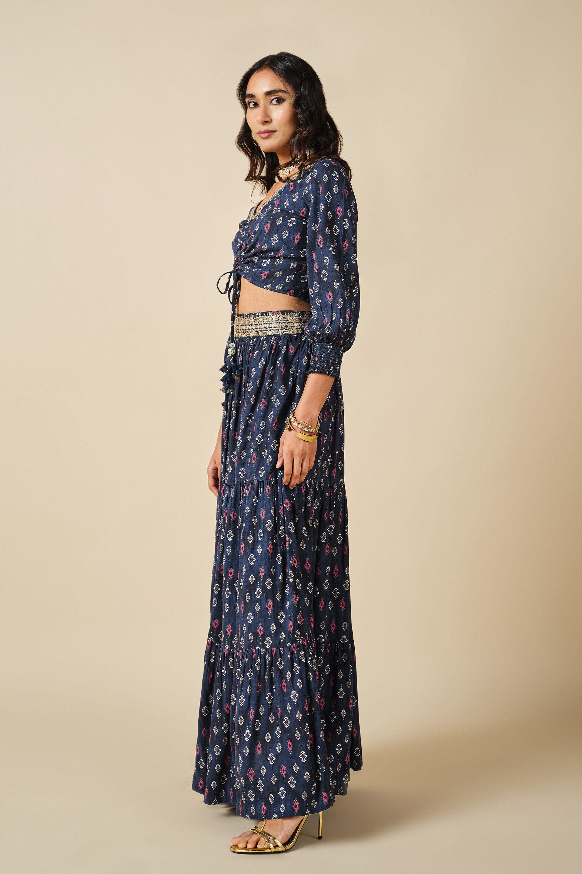 Navy Tie-up Top & Skirt Set, Navy Blue, image 2