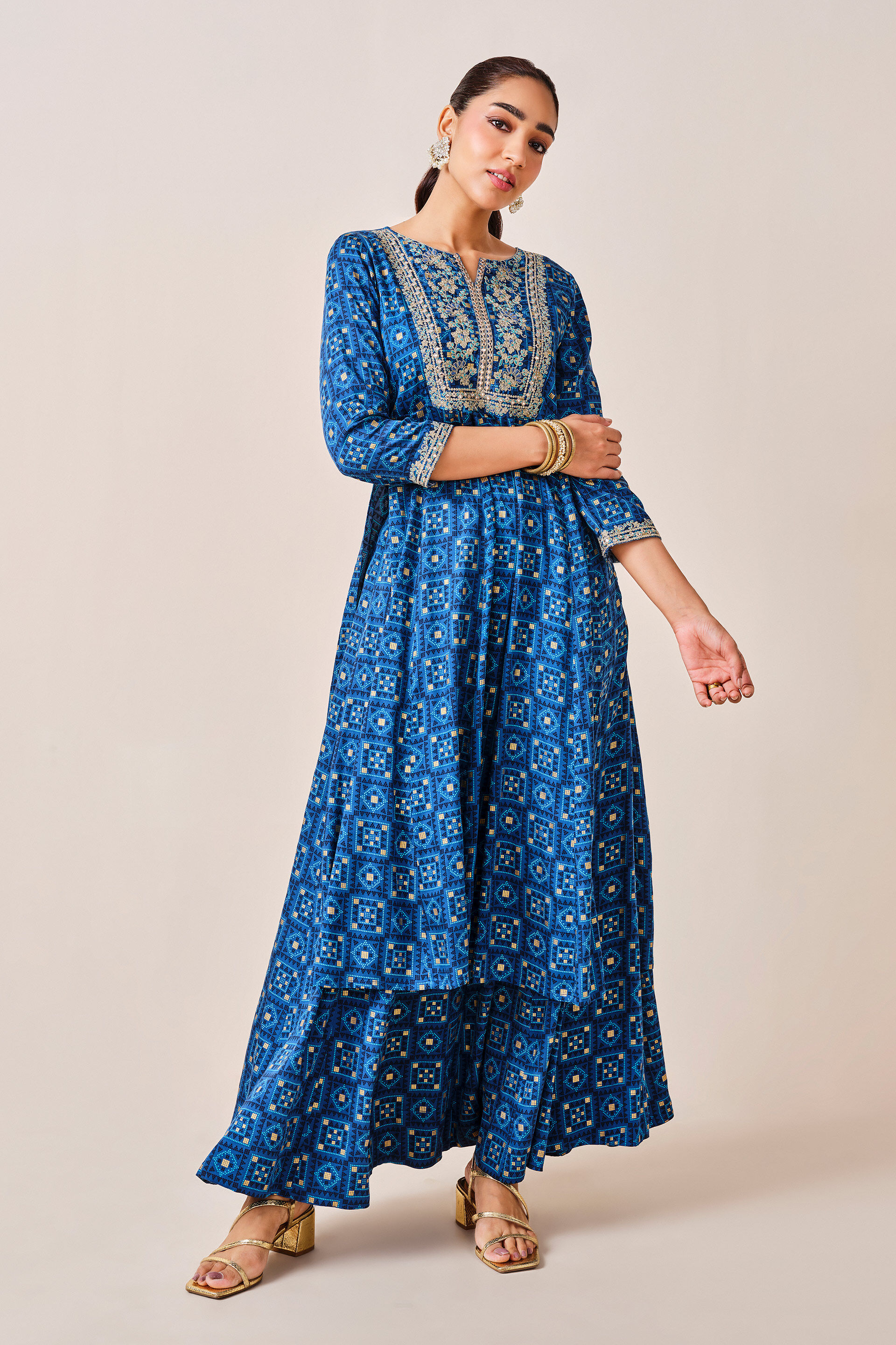 Blue embroidered Kurta - Skirt Set, Blue, image 5