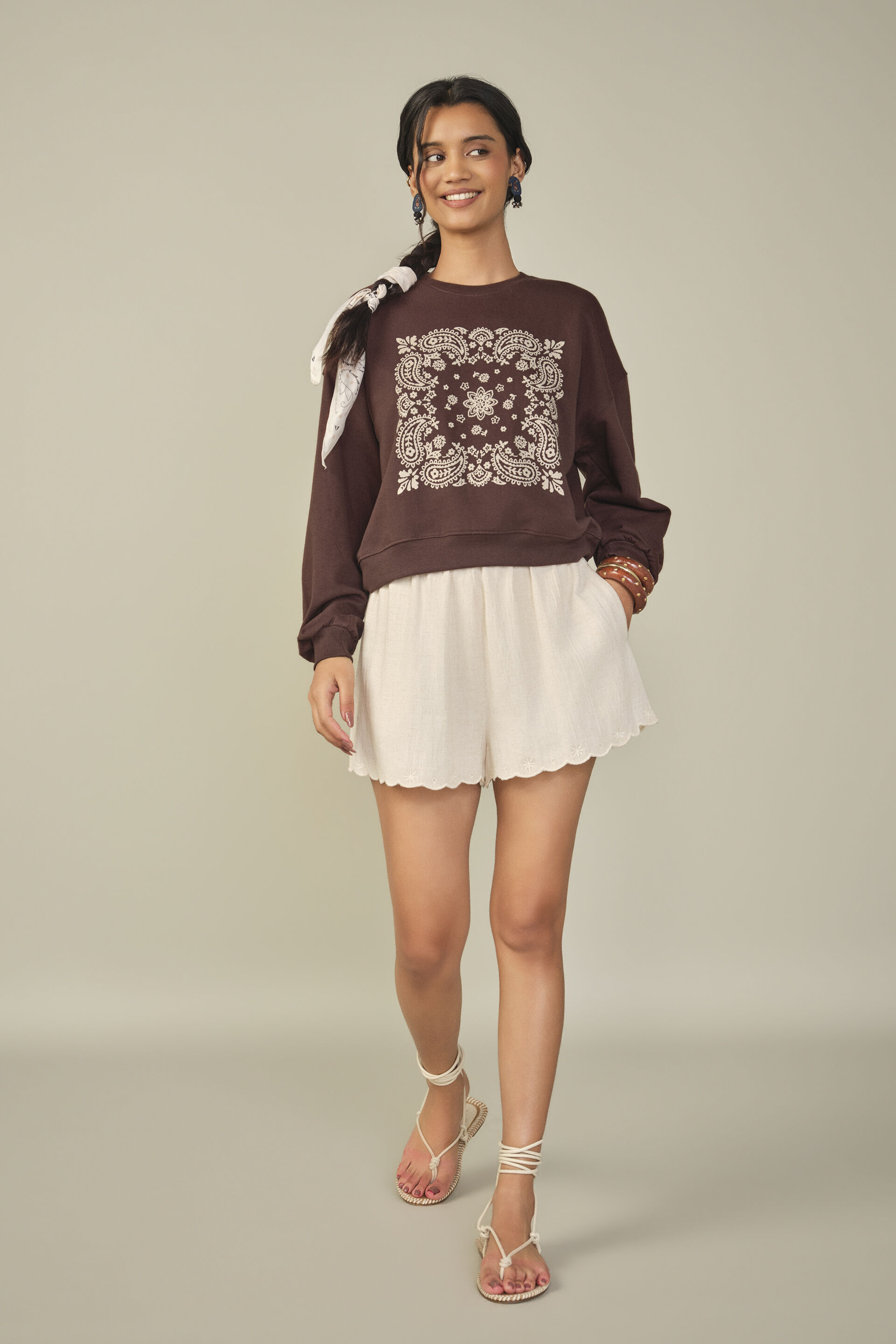 Printed Cotton Sweatshirt in Brown, Brown, image 4