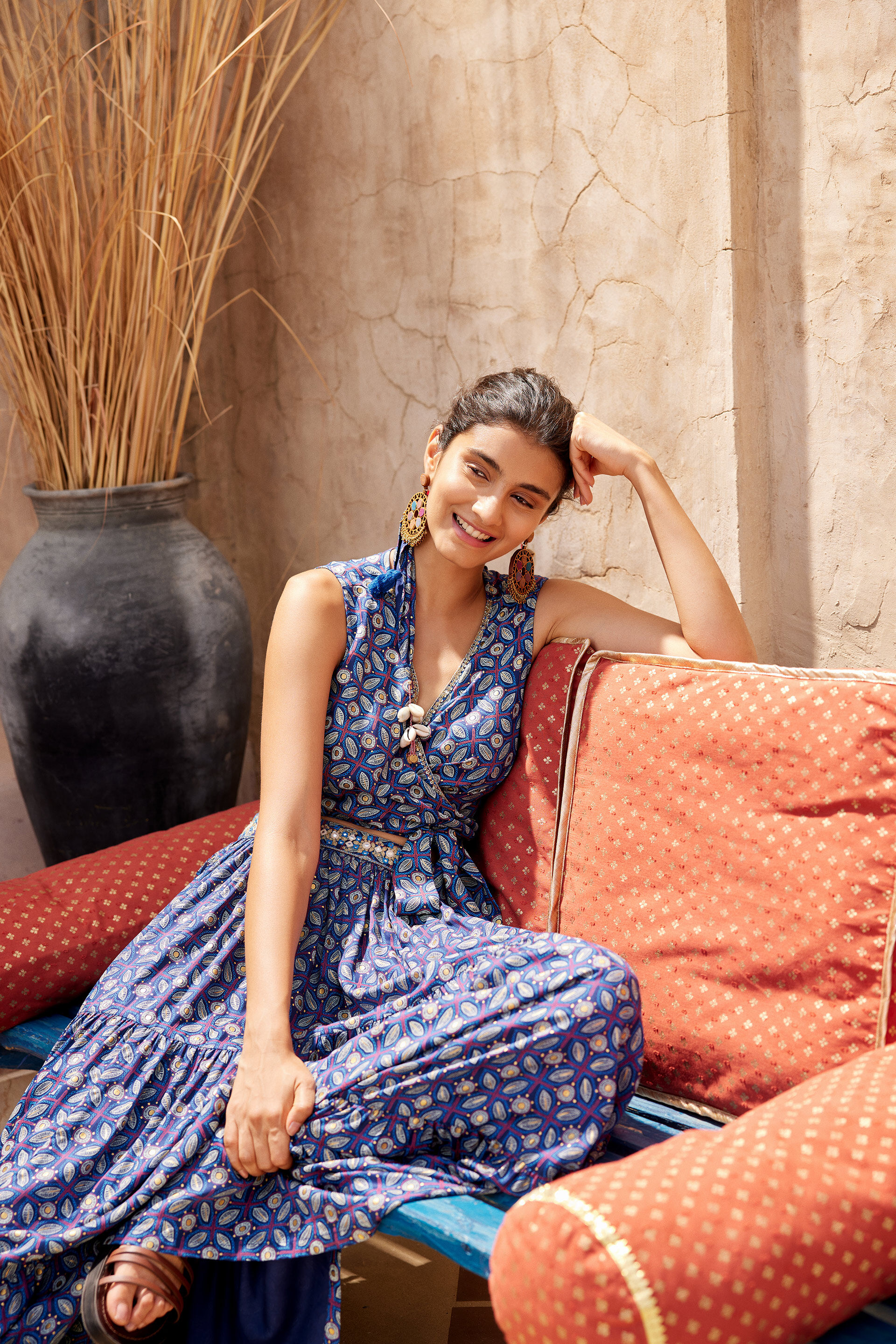 Floral Print Embroidered Tiered Skirt Set, Blue, image 2