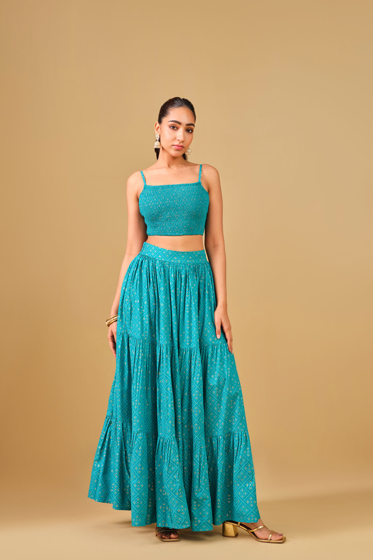 Bandhani Inspired Blue Viscose Skirt Set, Aqua, image 1