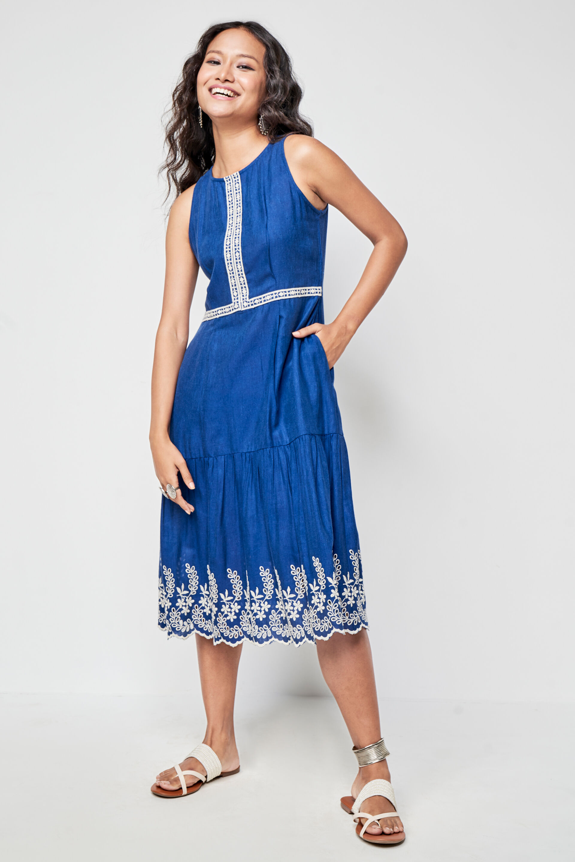 Dark Blue Solid Embroidered Fit And Flare Dress, Dark Blue, image 5