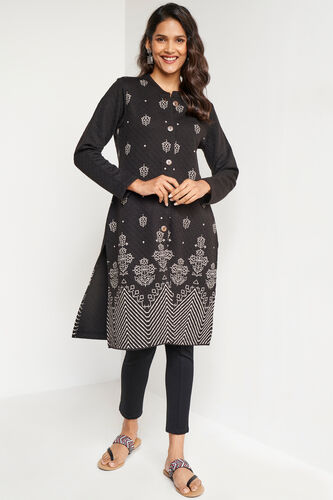 Black Ethnic Motifs Straight Button Jacket, Black, image 2