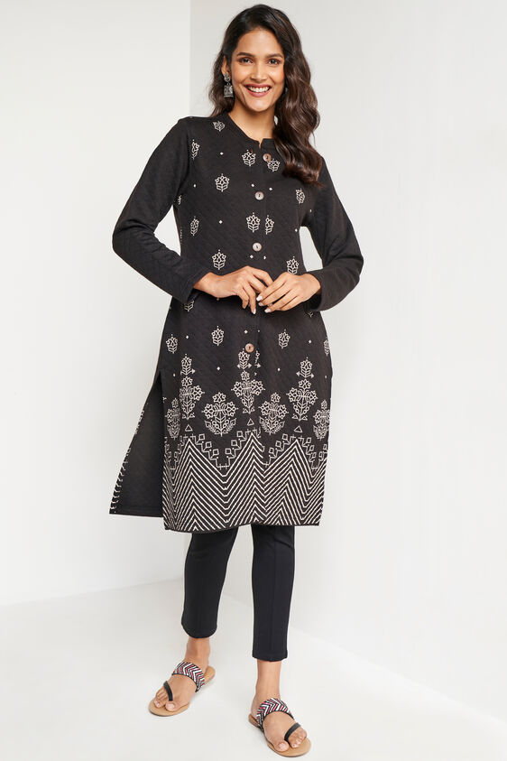 Black Ethnic Motifs Straight Button Jacket, Black, image 2