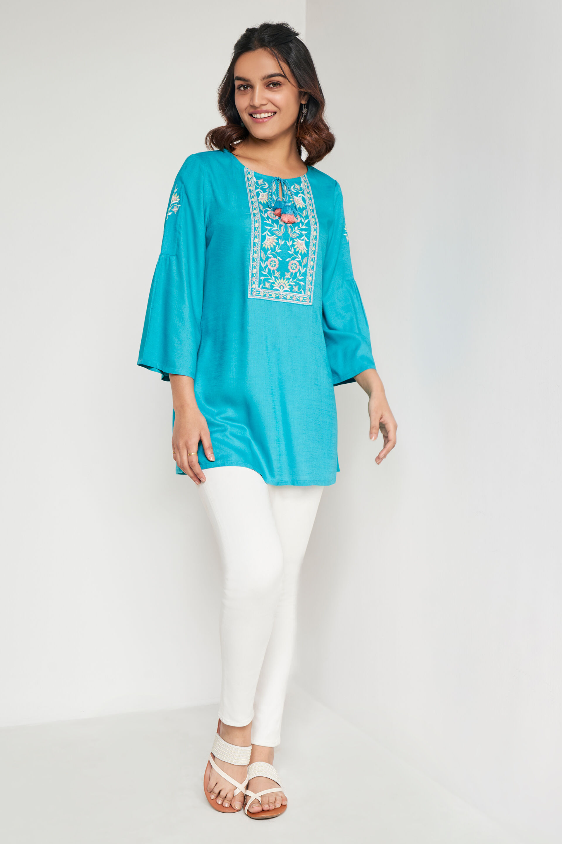 Aqua Solid Straight Tunic, Aqua, image 2