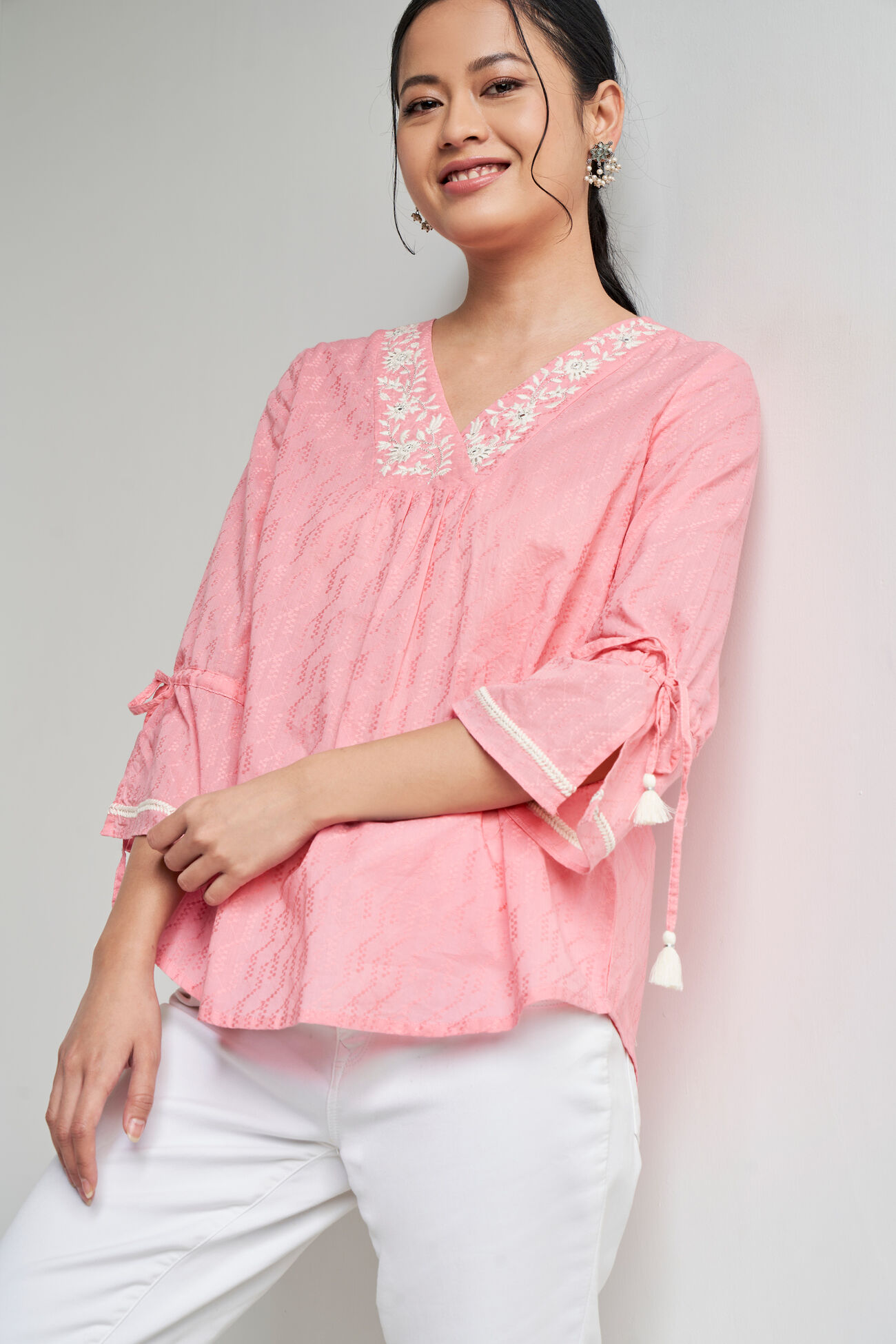 Buy Pink Solid Curved Top Online at Best Price at Global Desi ...