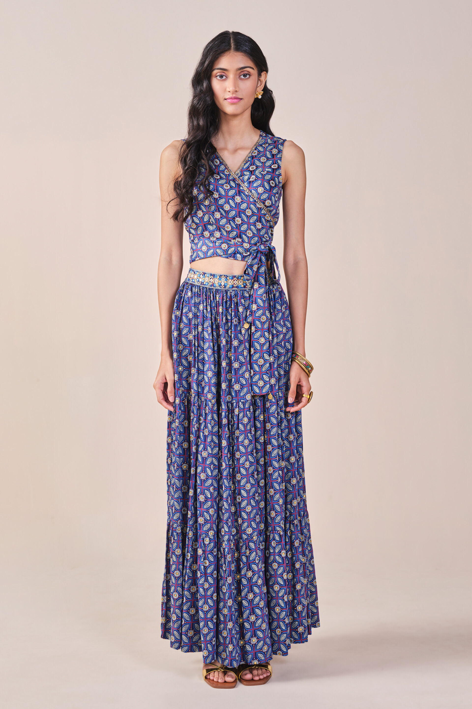 Floral Print Embroidered Tiered Skirt Set, Blue, image 4