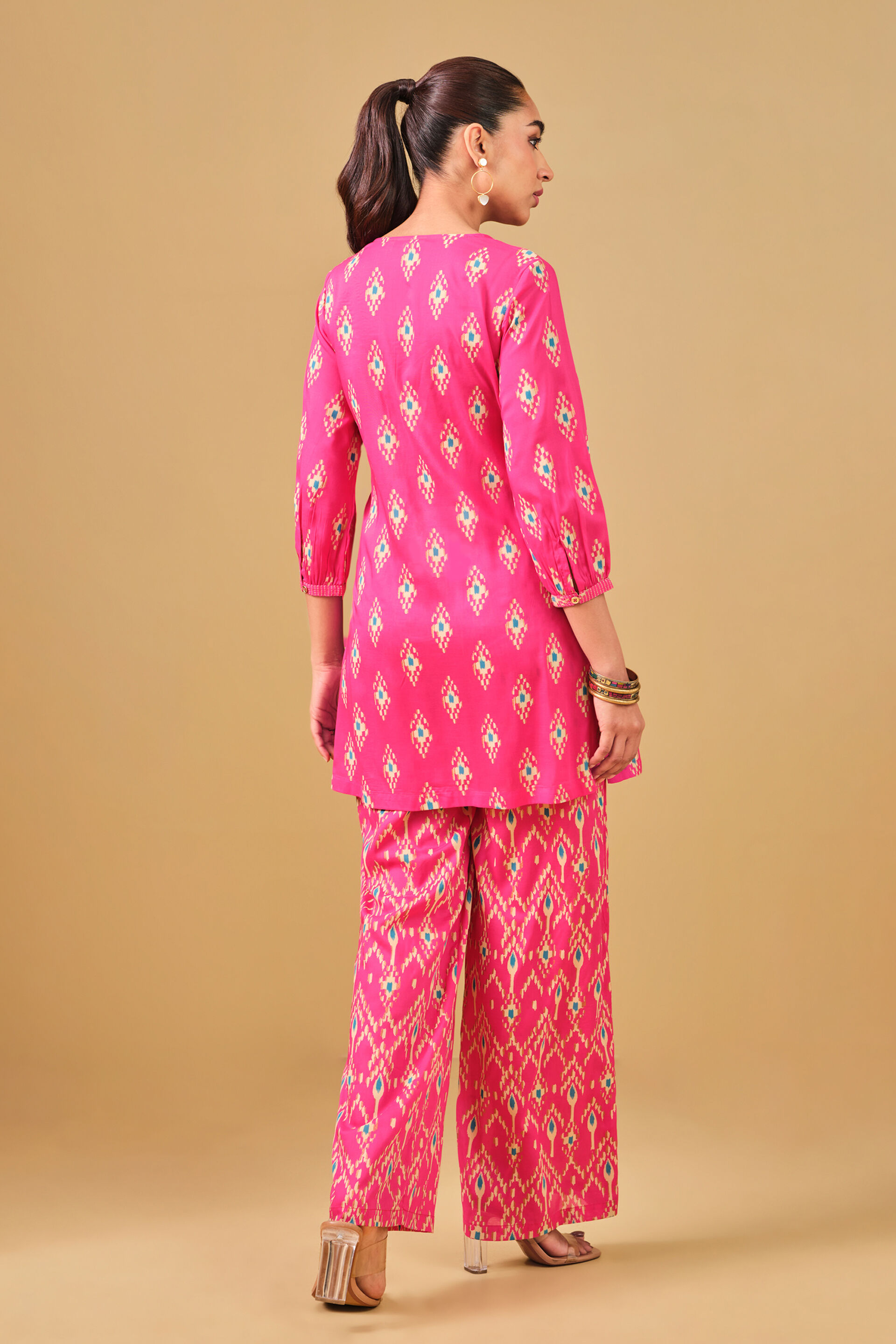 Ikat Inspired Pink Viscose Kurta Set, Pink, image 6