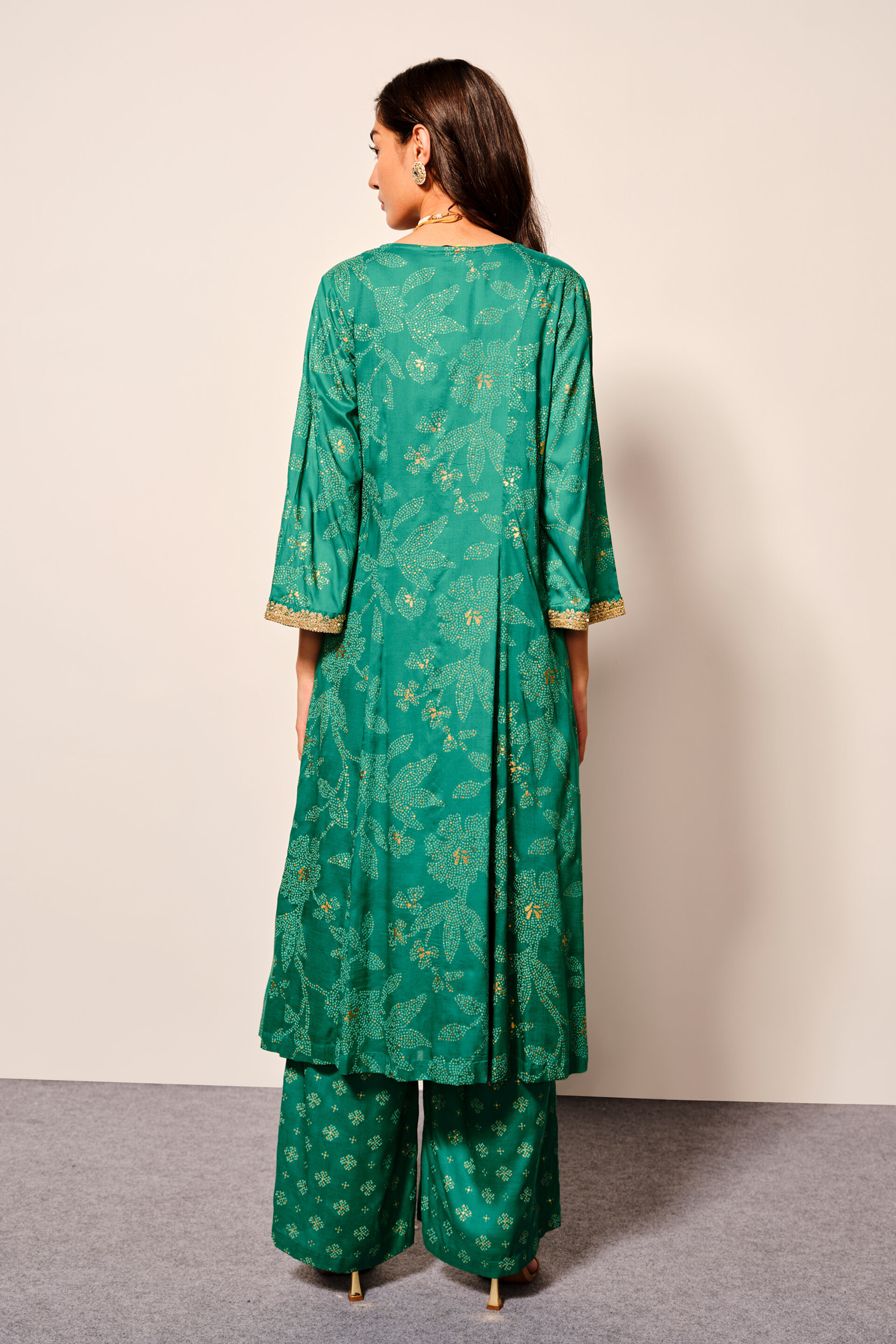 Green Jacket-Style Viscose Kurta Set In Leafy Print, Green, image 3