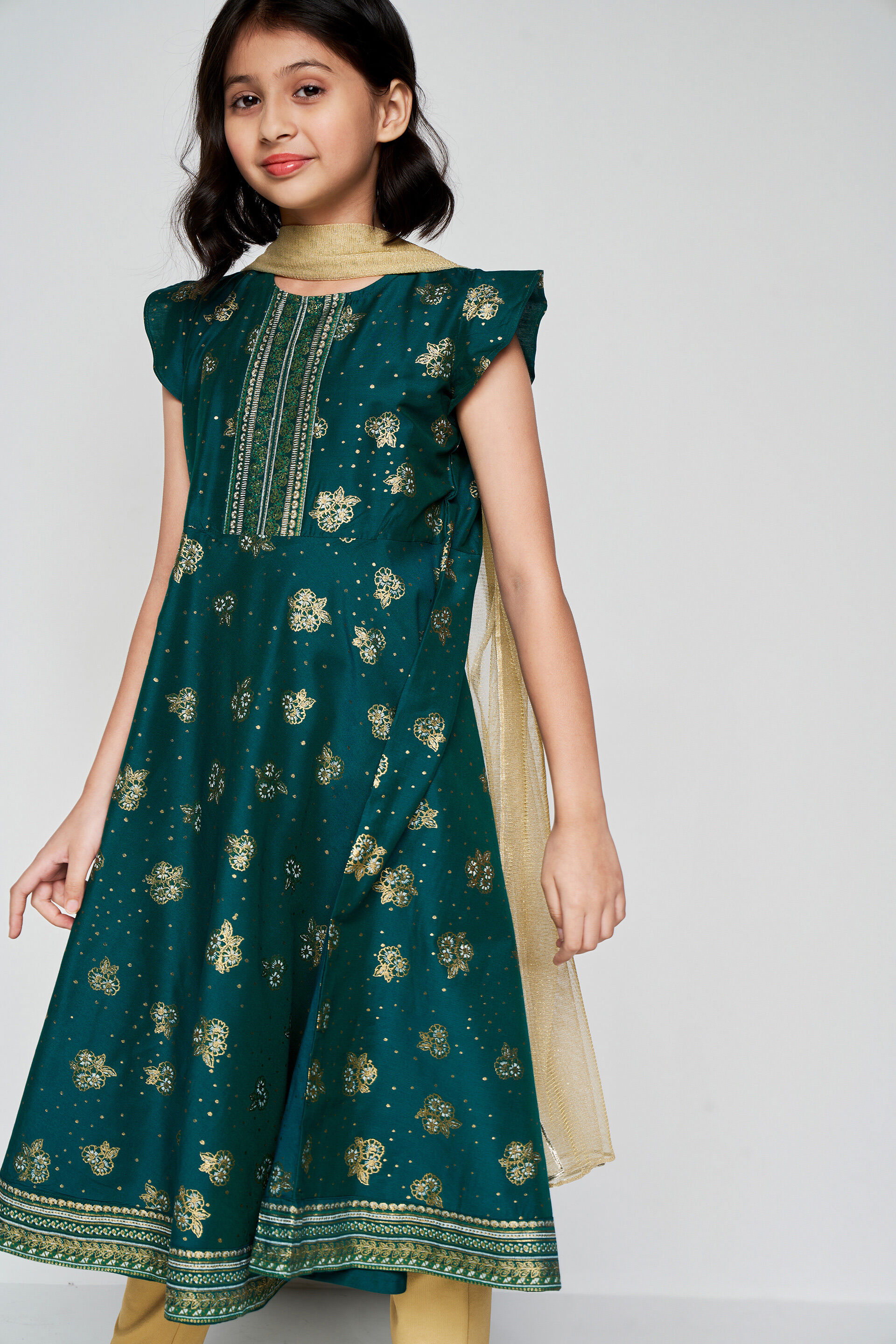 Green-Gold Festive Kurta Set, Green, image 3