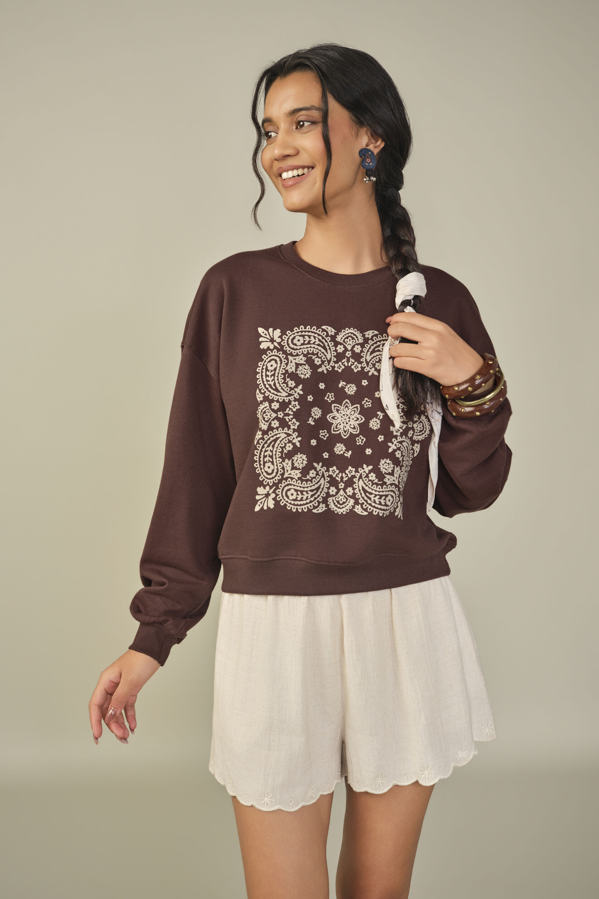 Printed Cotton Sweatshirt in Brown