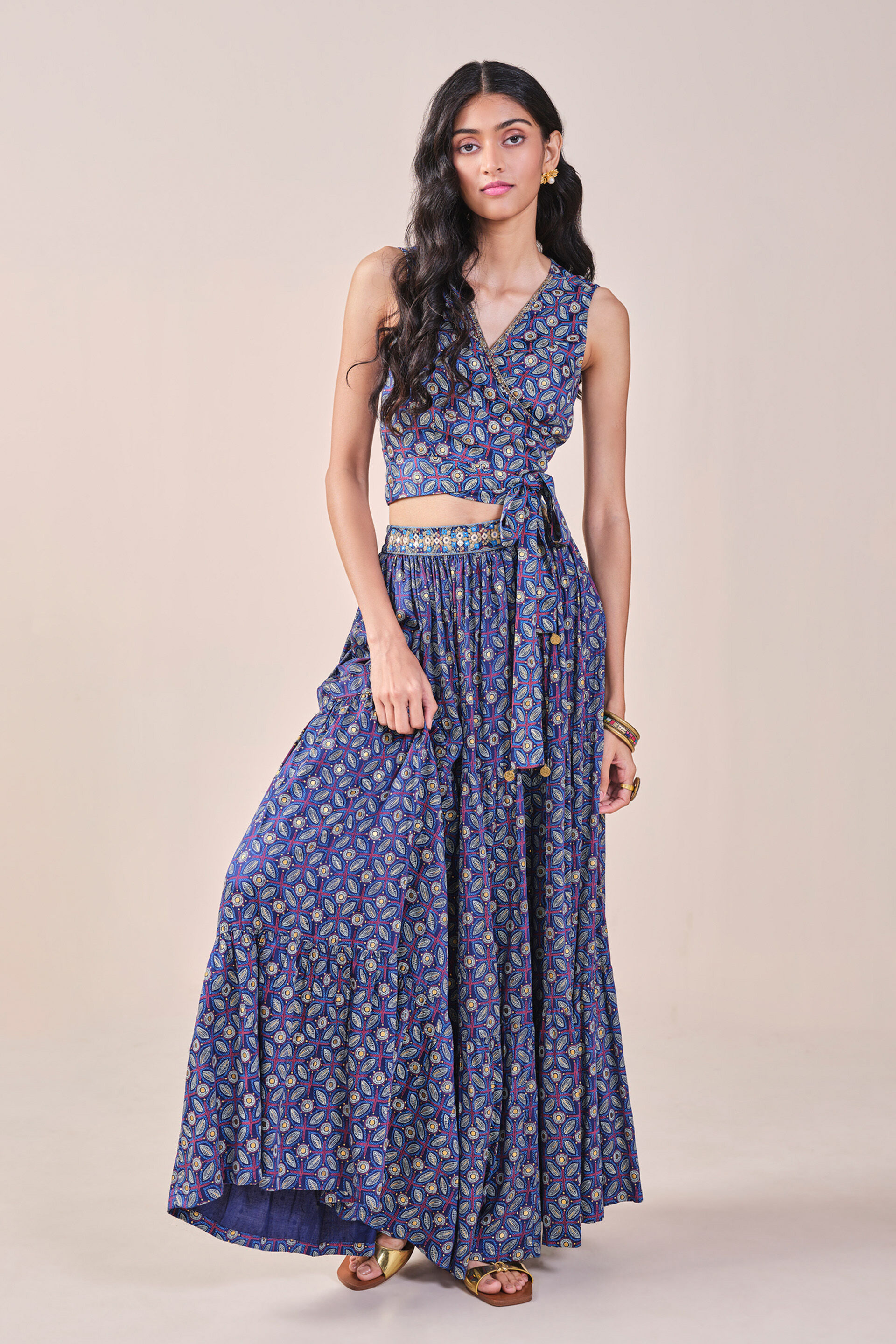 Floral Print Embroidered Tiered Skirt Set, Blue, image 6