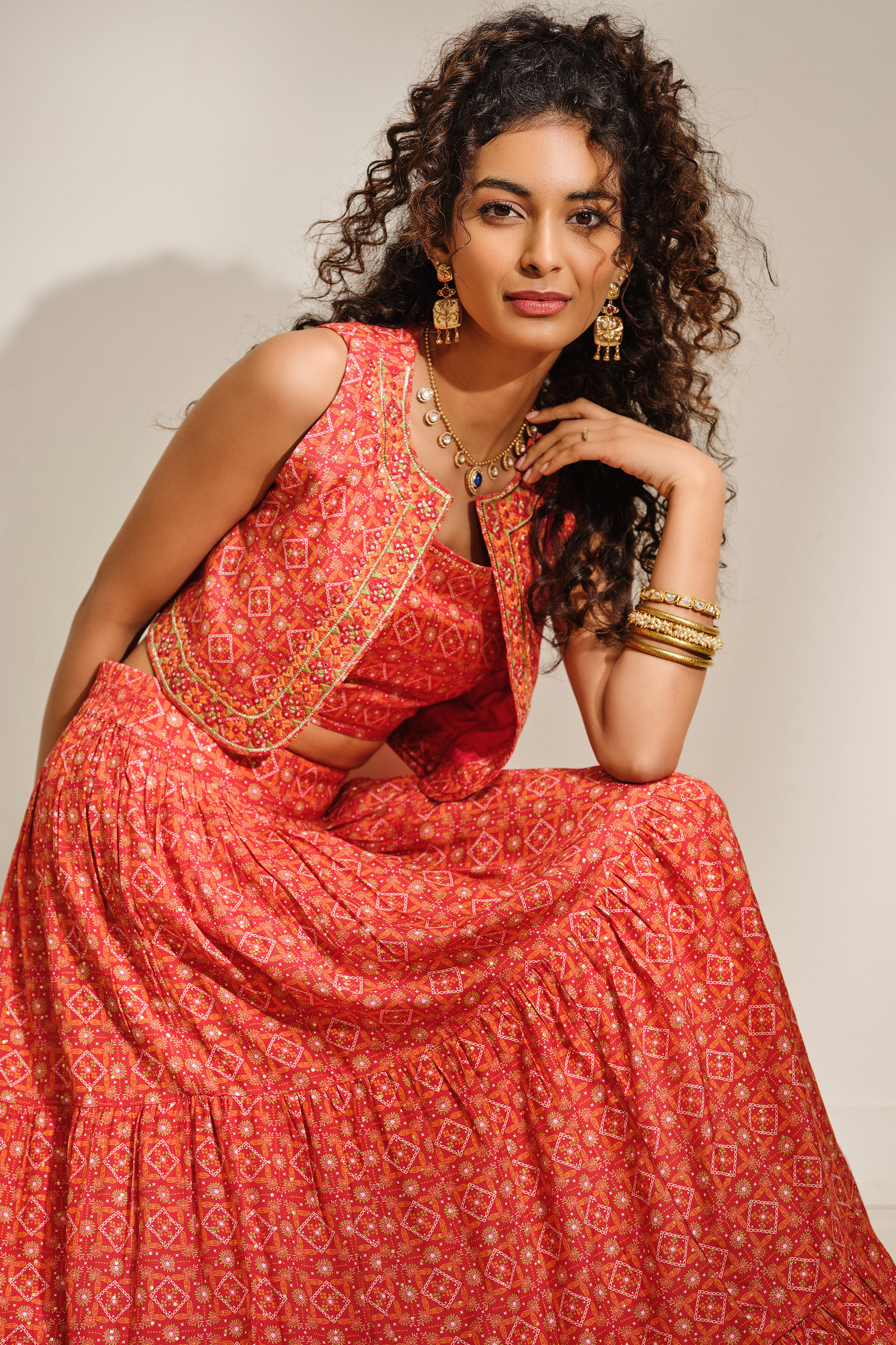 Pariha Coral Orange Skirt Set, Red, image 6