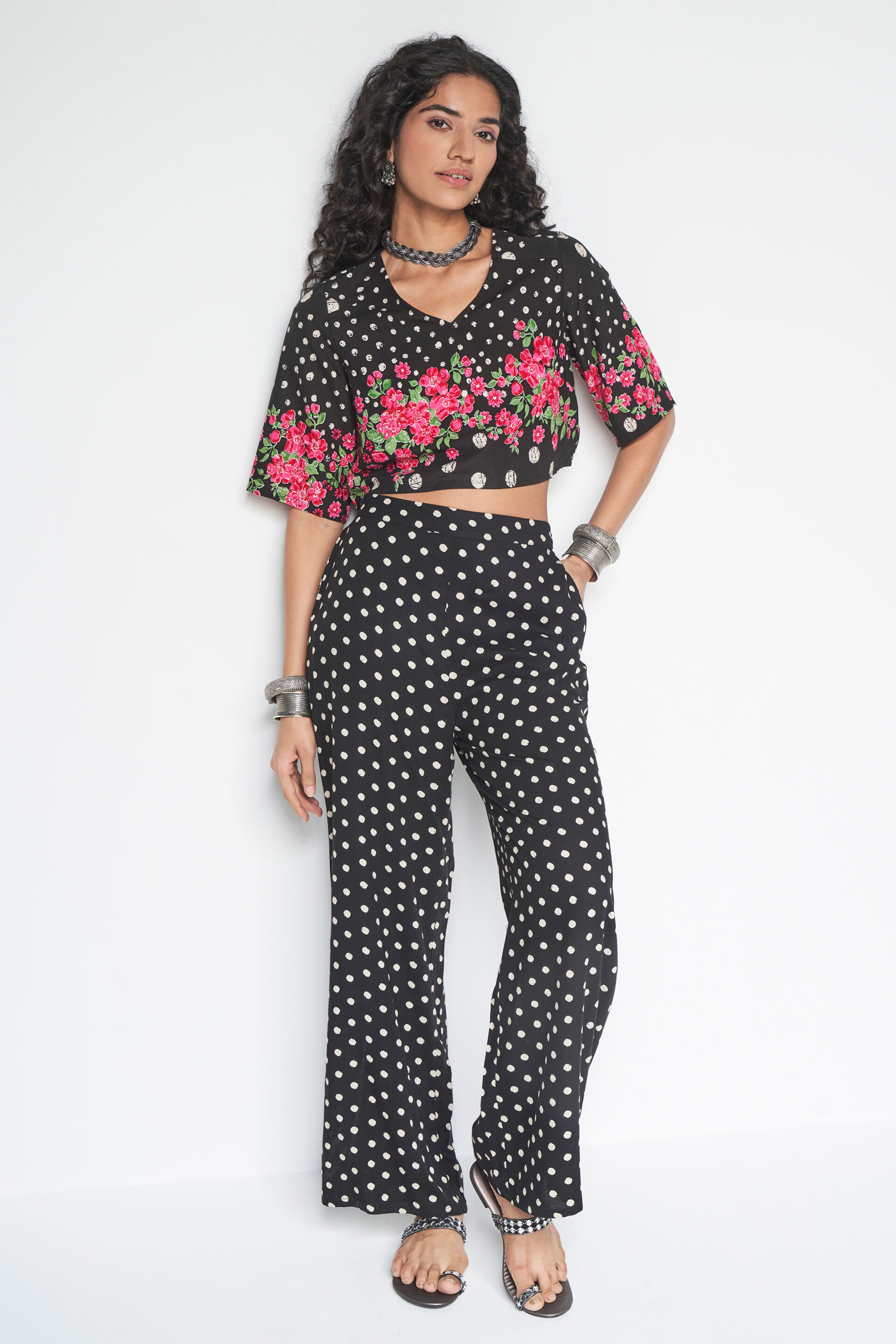 Black Floral-Polka Co-ords Set, Black, image 5