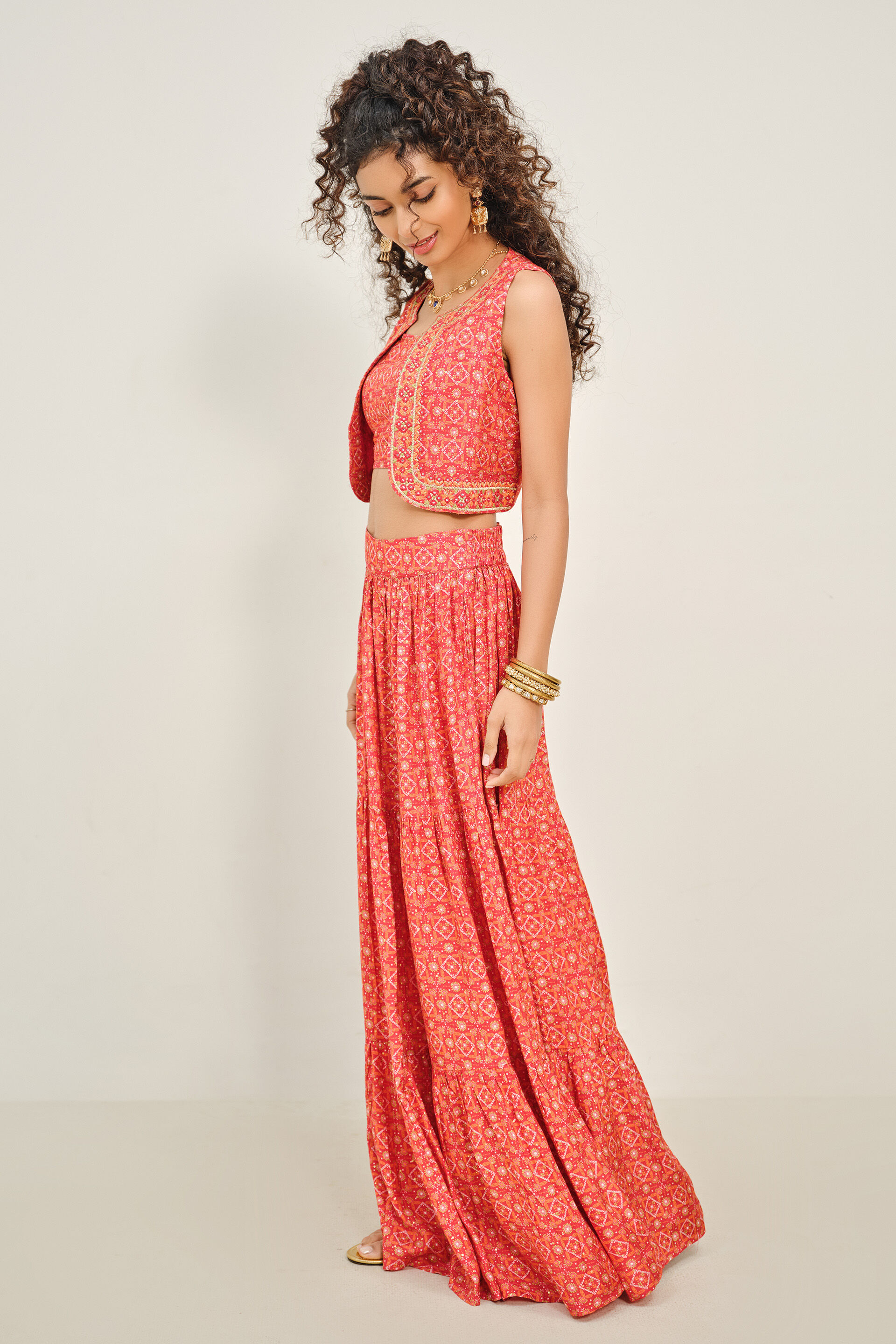 Pariha Coral Orange Skirt Set, Red, image 4