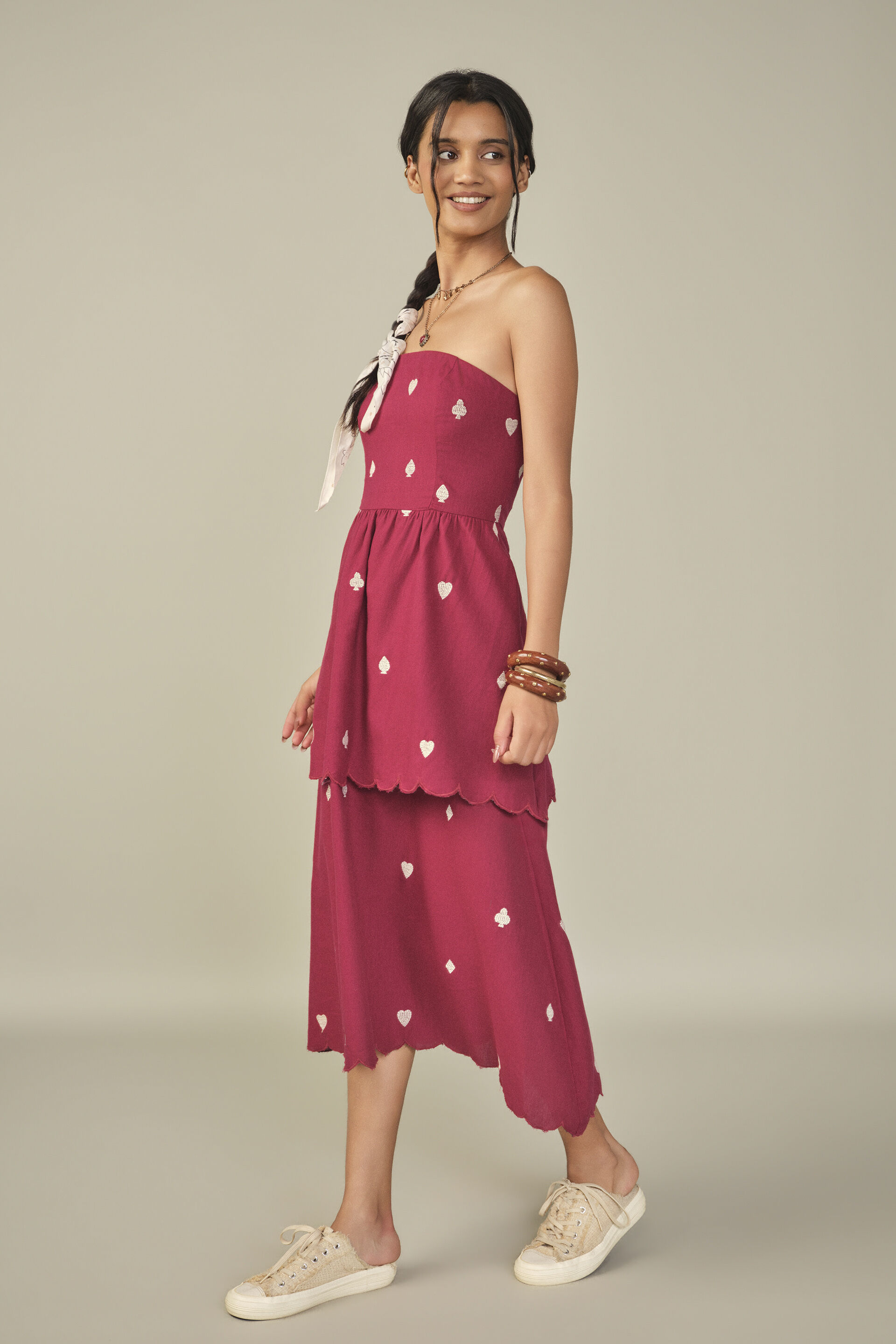 Embroidered Bandeau Midi Dress in Red, Red, image 4