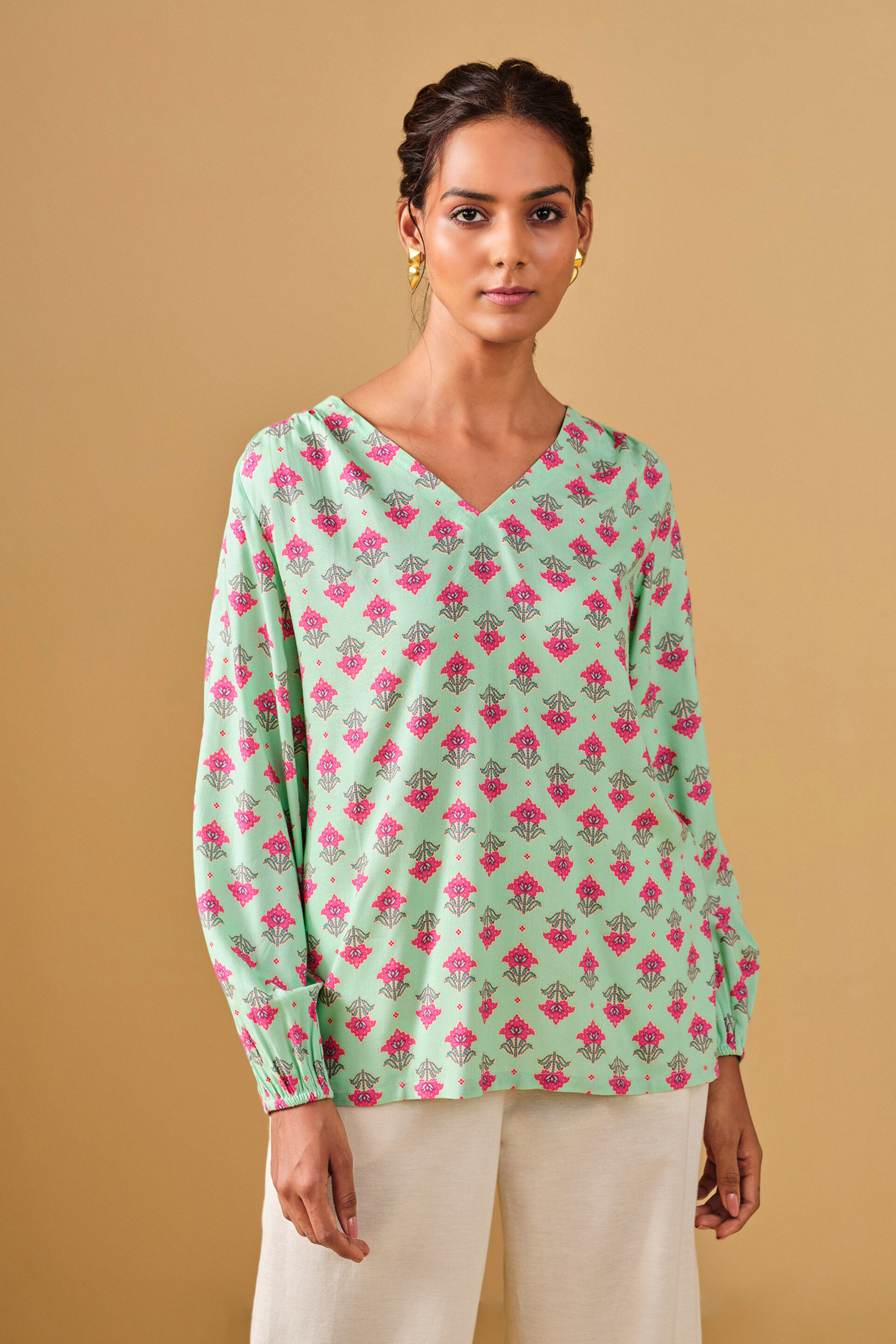 Ethnic Printed Mint Green Viscose Top, Mint, image 3