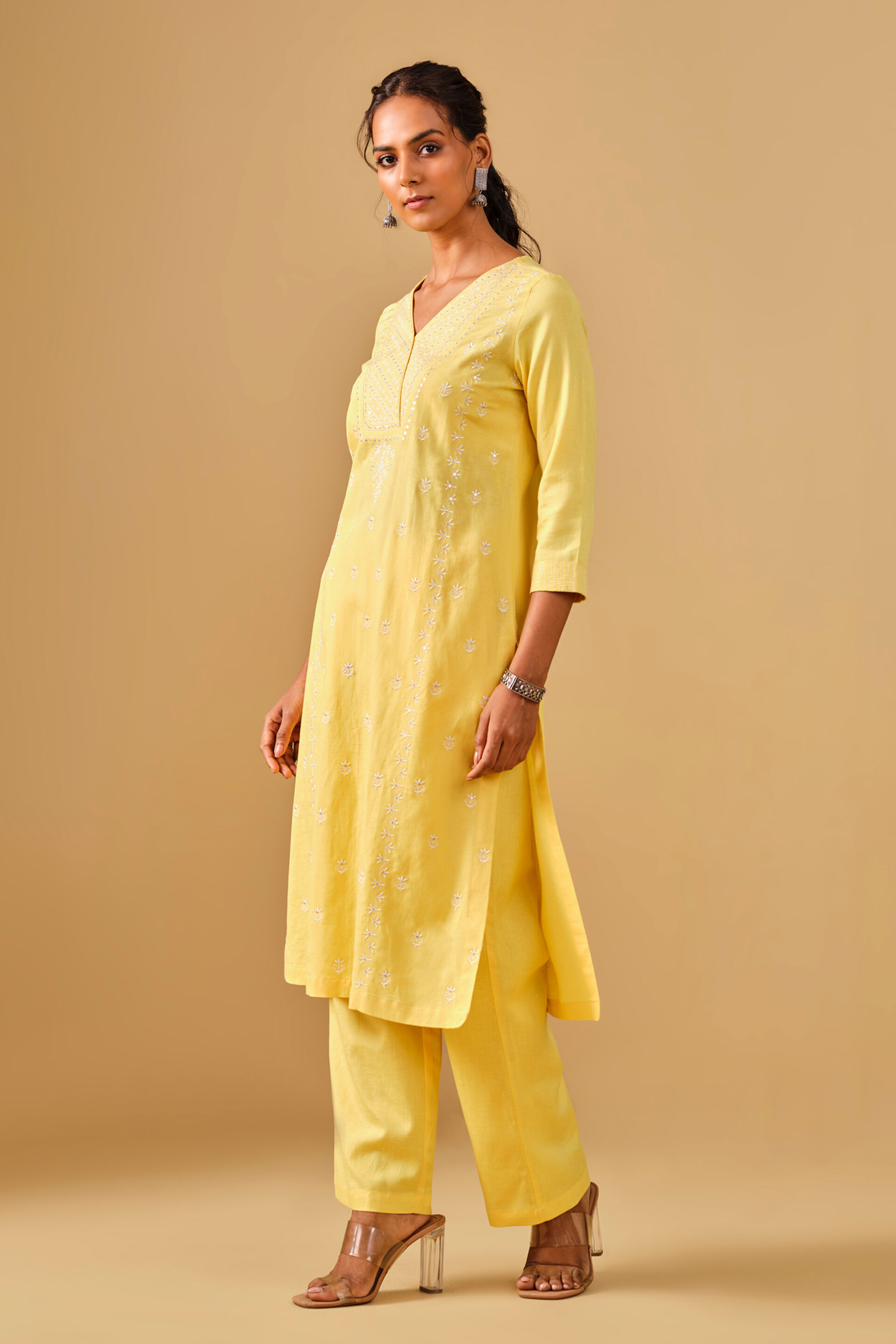Bright Yellow Embroidered Kurta Set, Yellow, image 2