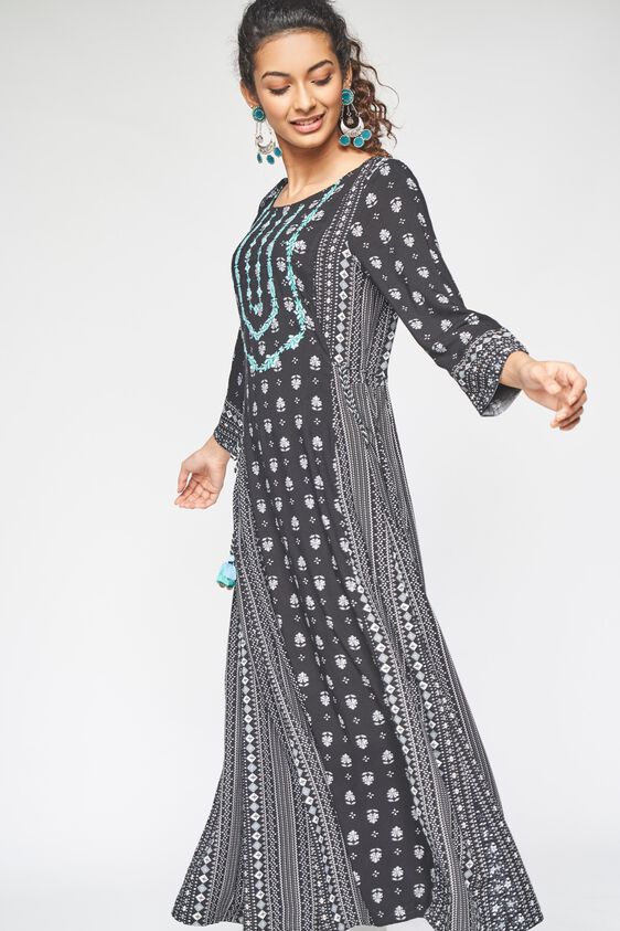 1 - Black Embroidered Fit and Flare Kurta, image 1
