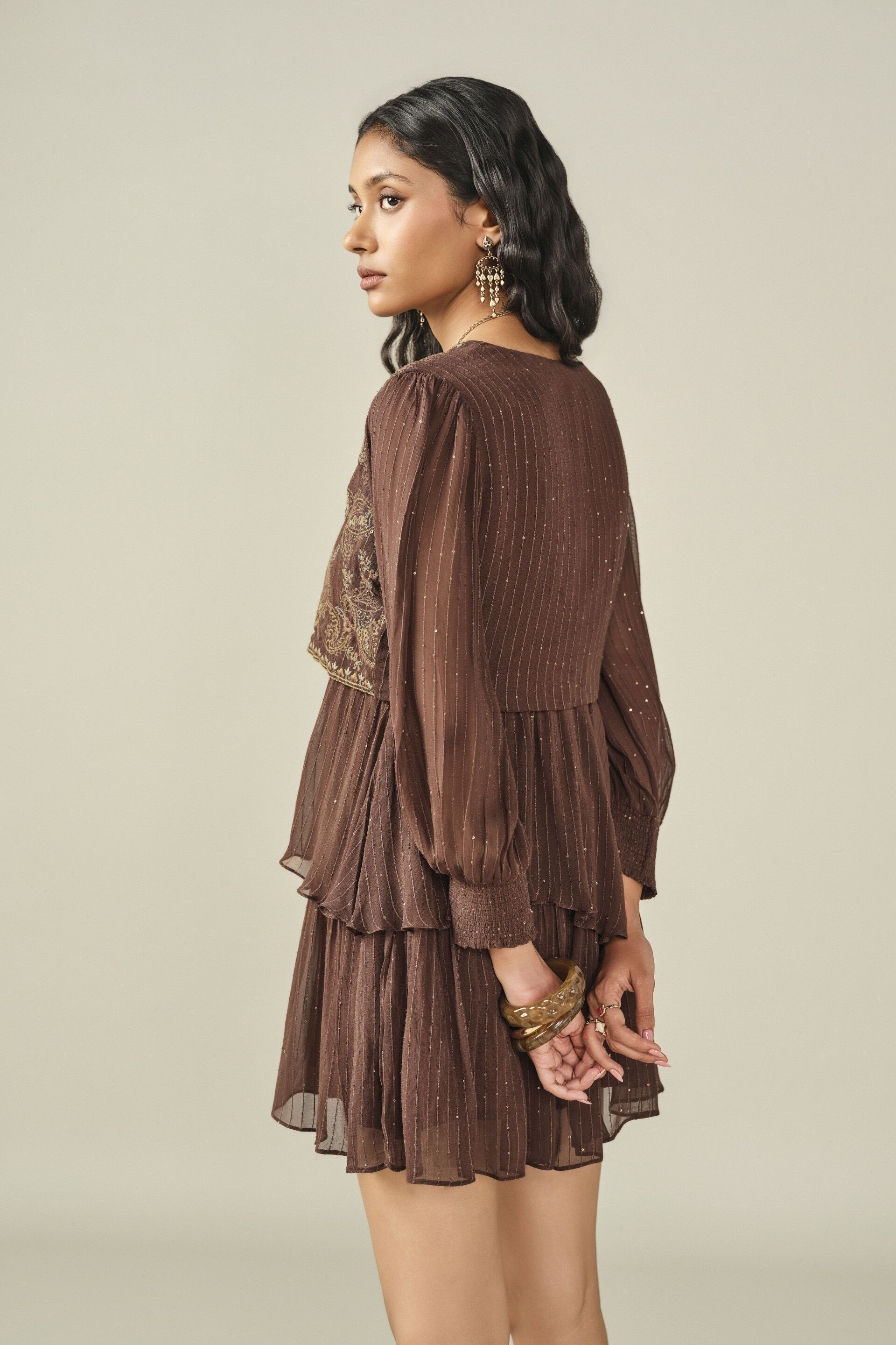 Embroidered Dress with Shrug in Brown, Brown, image 4