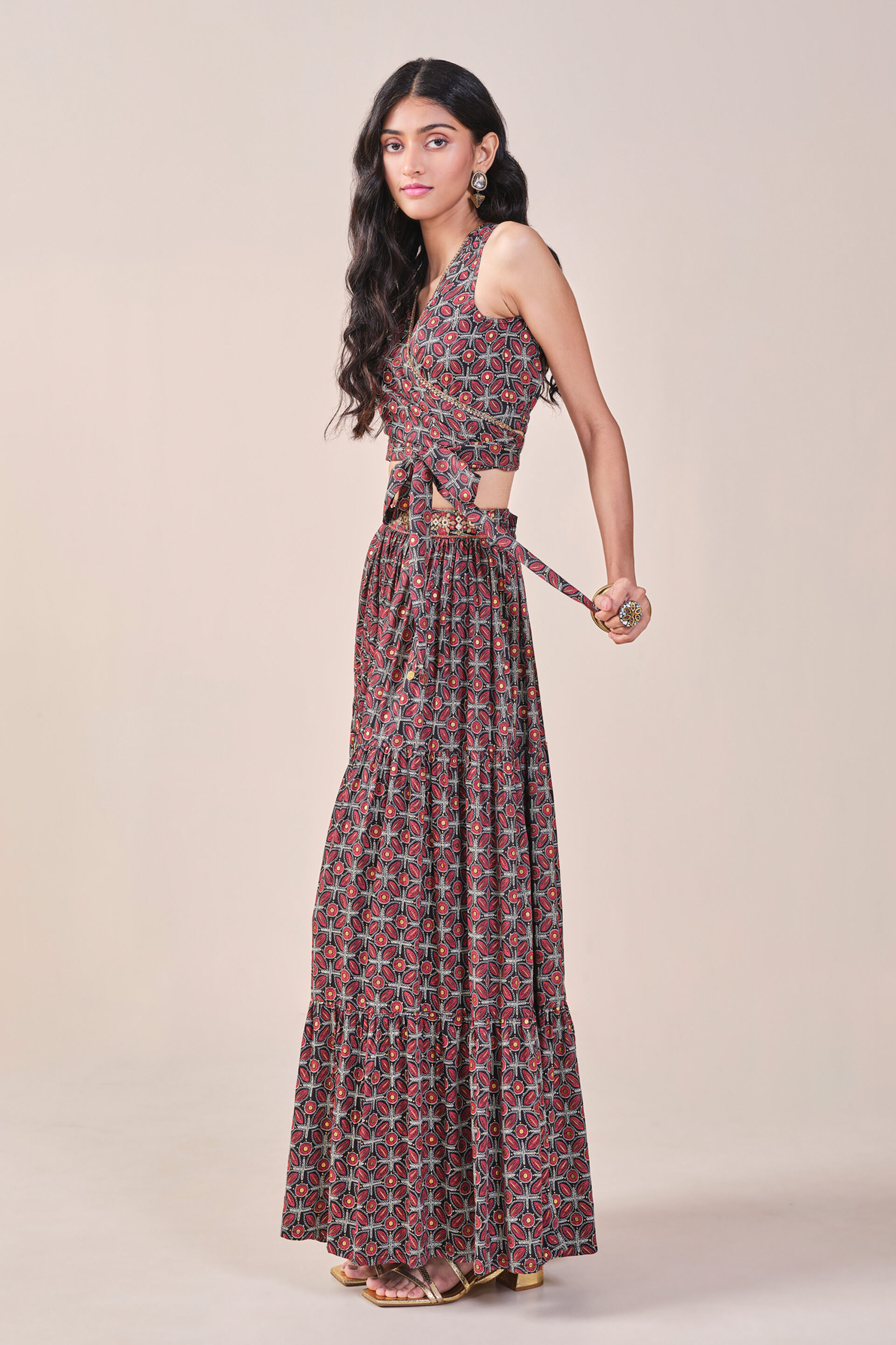 Floral Print Embroidered Tiered Skirt Set, Black, image 5