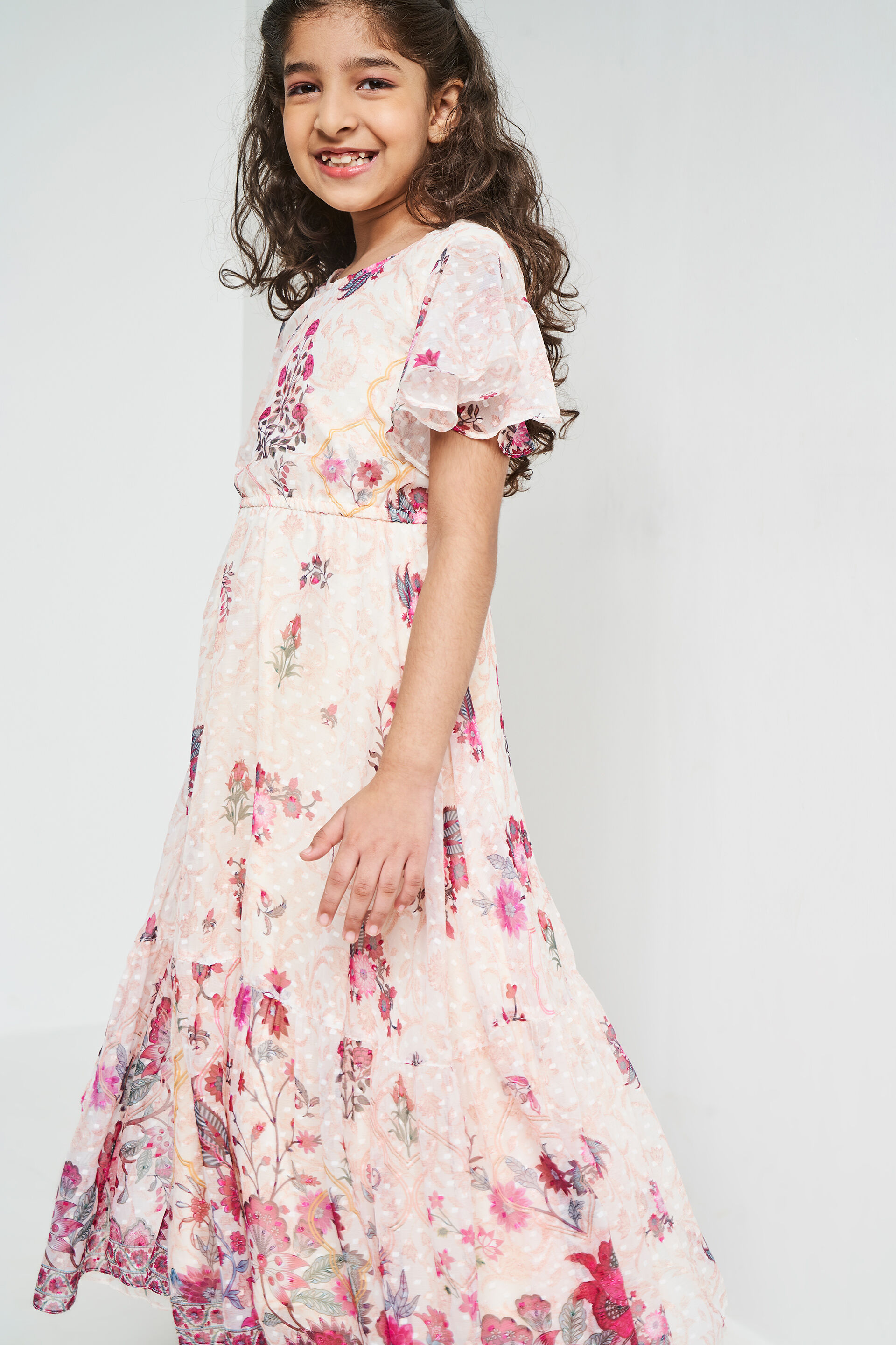 Peach Floral Flared Gown, Peach, image 4