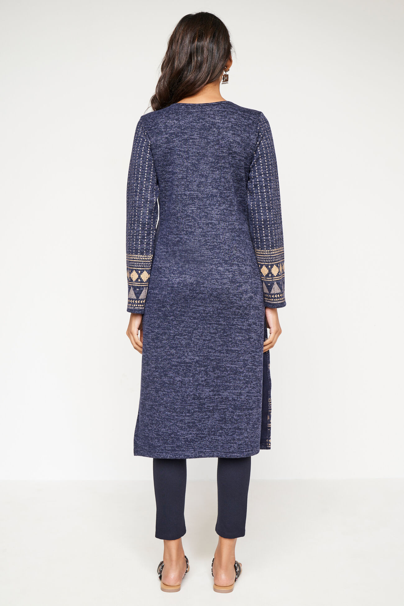 Navy Blue Foil Print Straight Slip-On Kurta, Navy Blue, image 5