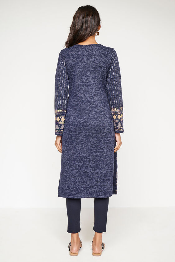 Navy Blue Foil Print Straight Slip-On Kurta, Navy Blue, image 5