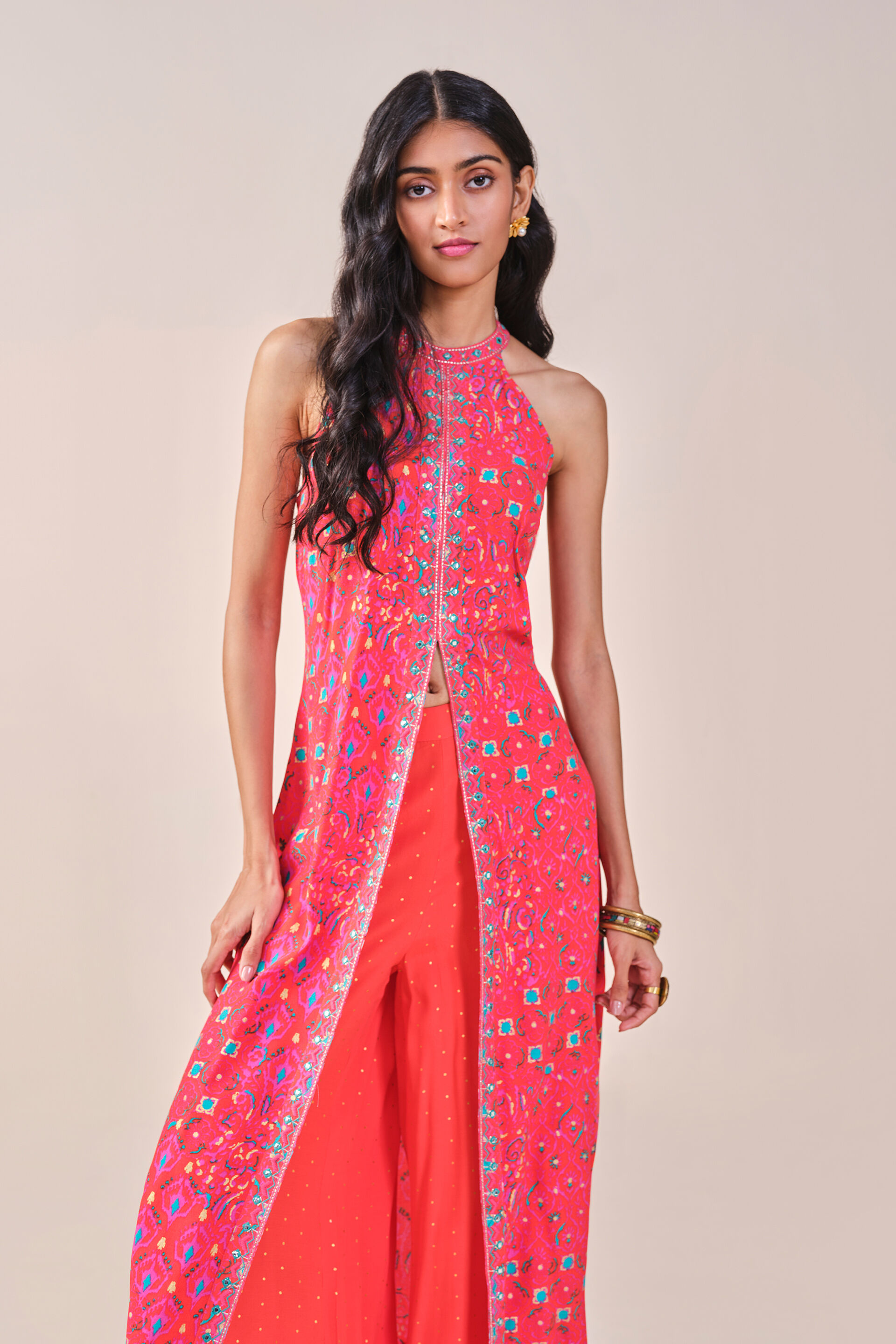 Festive Embroidered Ikat inspired Viscose Kurta set, Orange, image 10