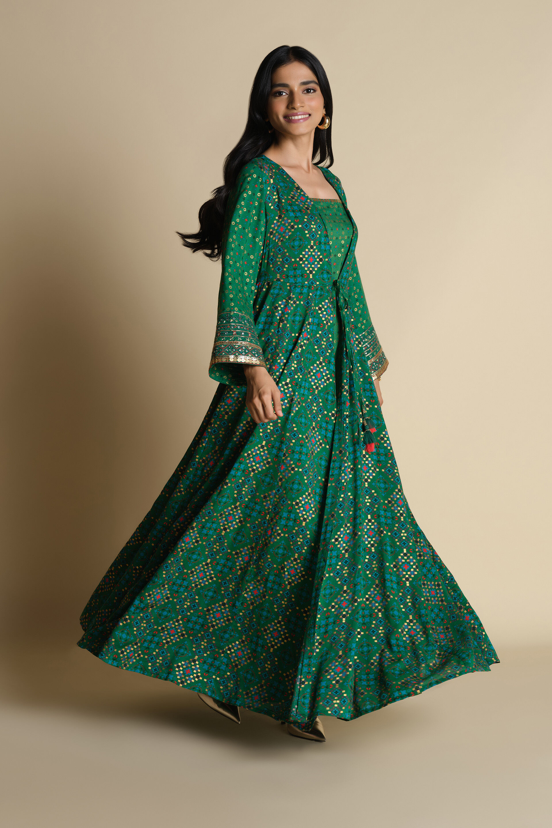 chinese dress ladies Buy global desi Printed Polyester V Neck Womens Flared Gown (Dark Green,  Small) at Amazon.in main image 0
