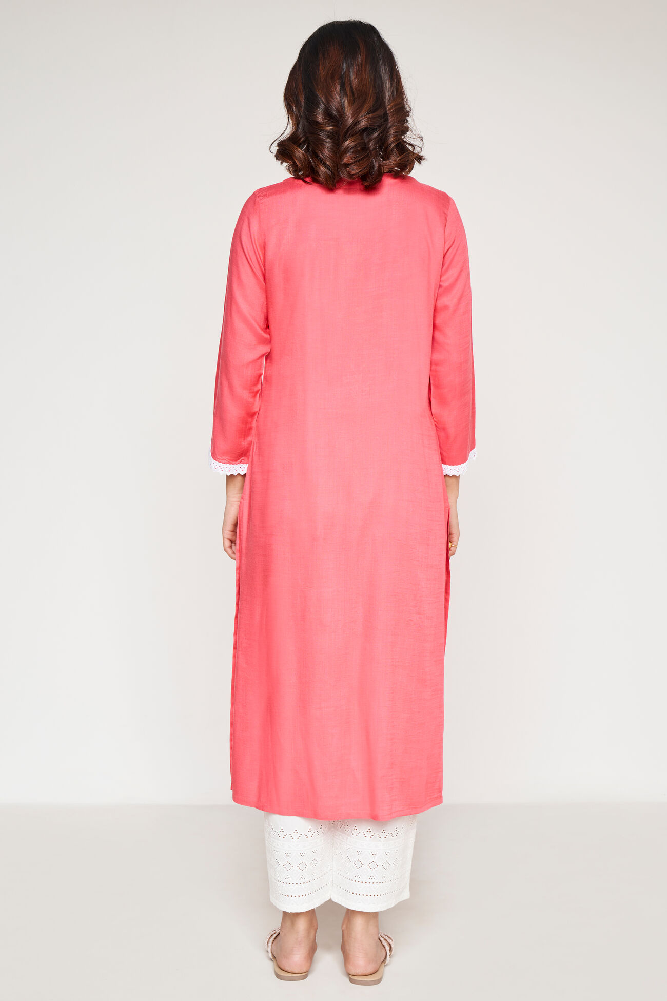 Coral Solid Embroidered Straight Kurta, Coral, image 3