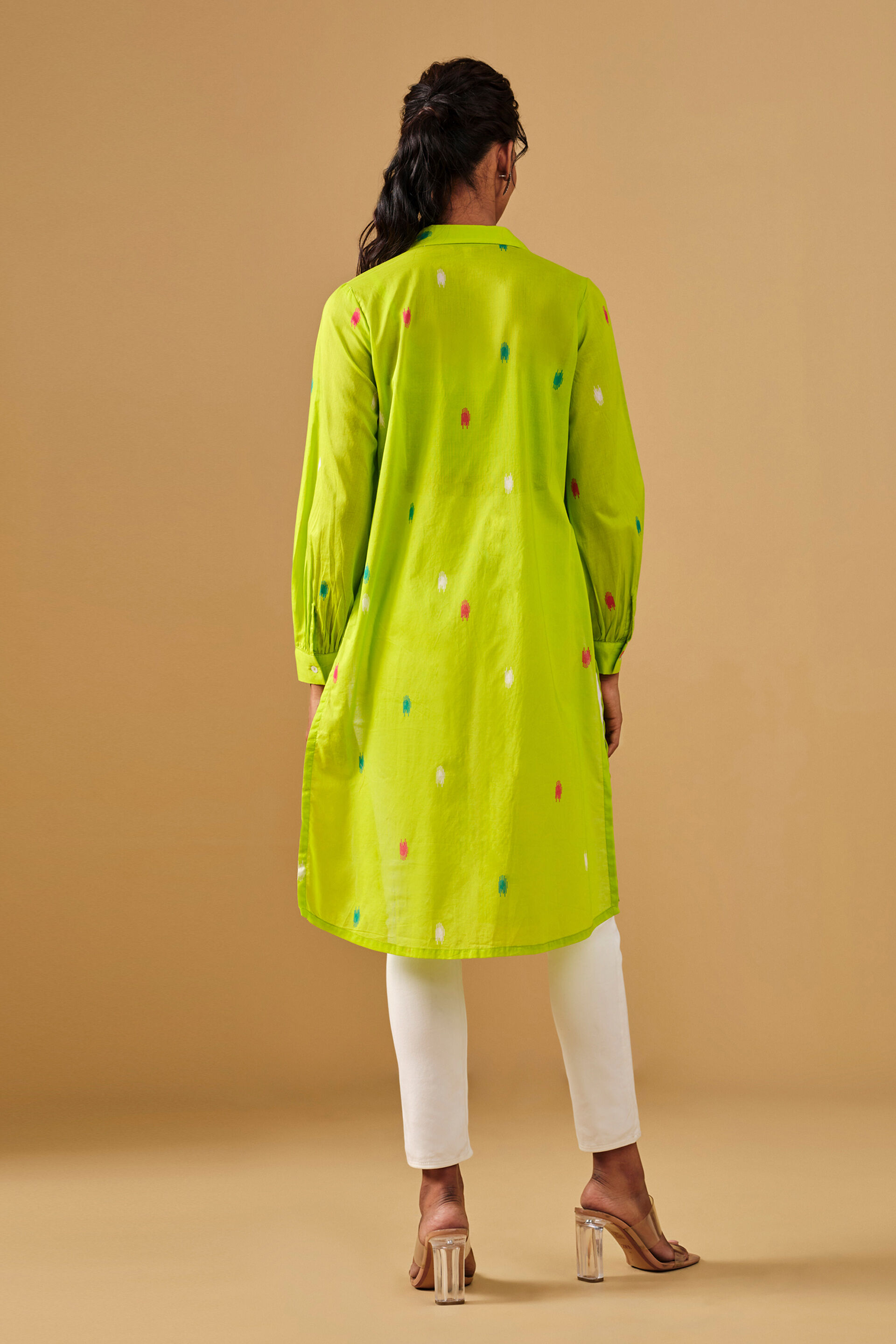 Ikat Inspired Cotton Top-Jacket Set, Lime, image 6