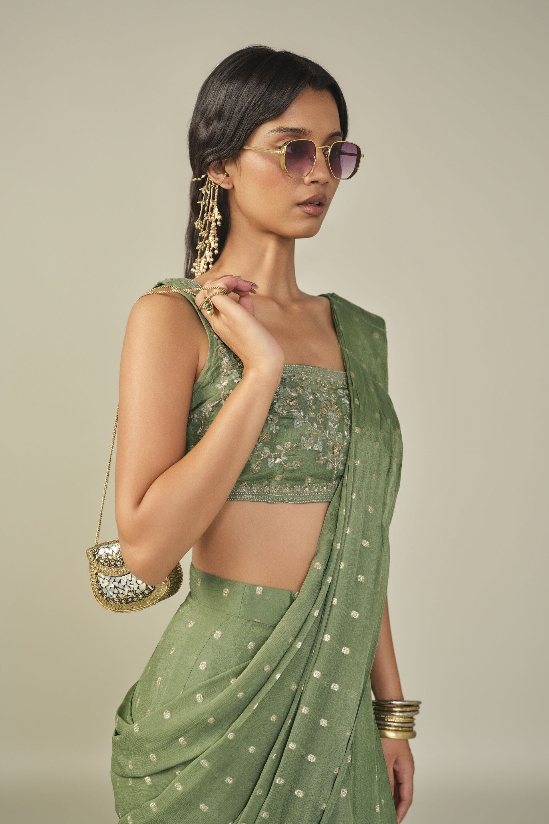 Embroidered Pre-stitched Saree in Sage, Sage Green, image 3