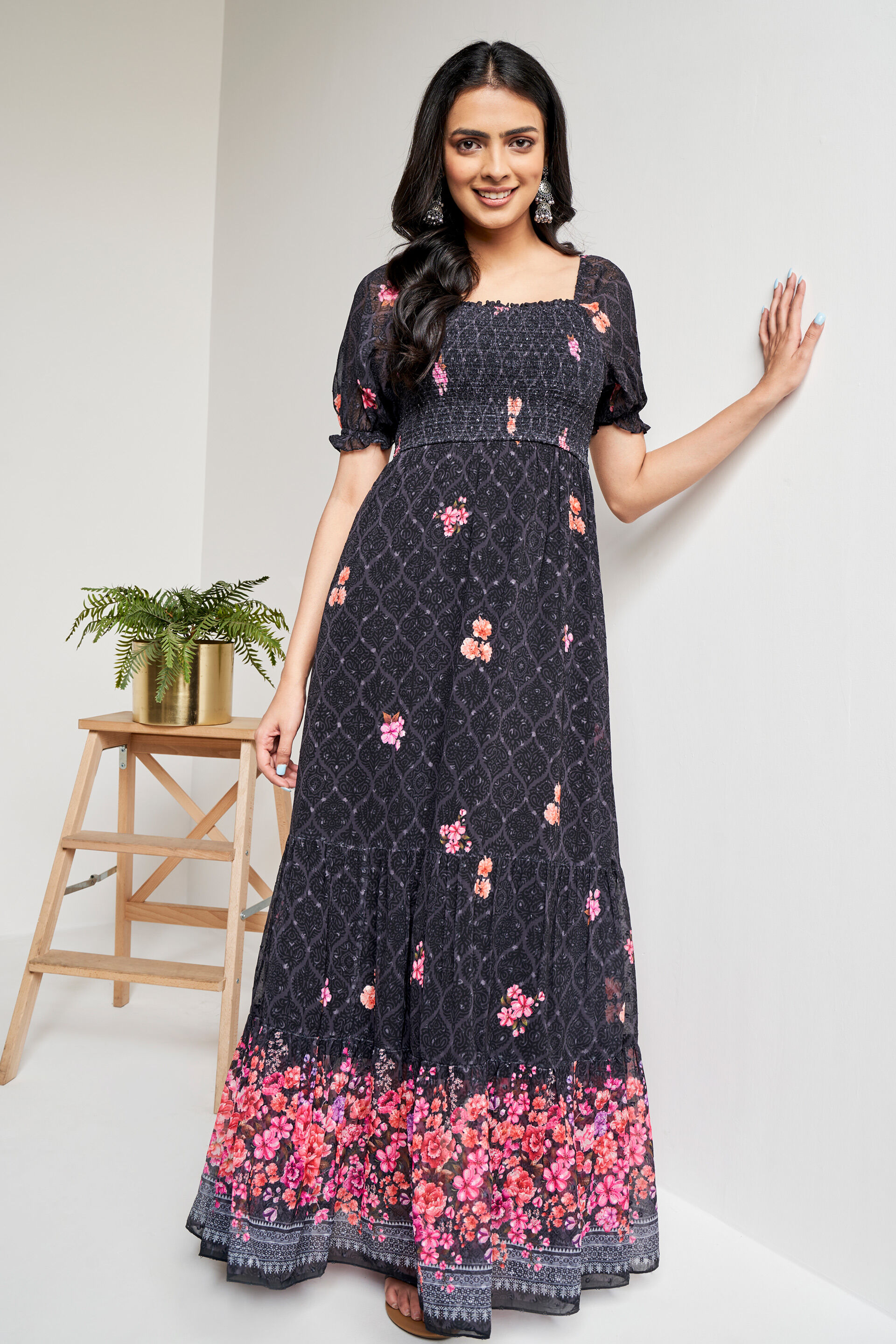 Buy Black Floral Flared Gown Online at Best Price at Global Desi