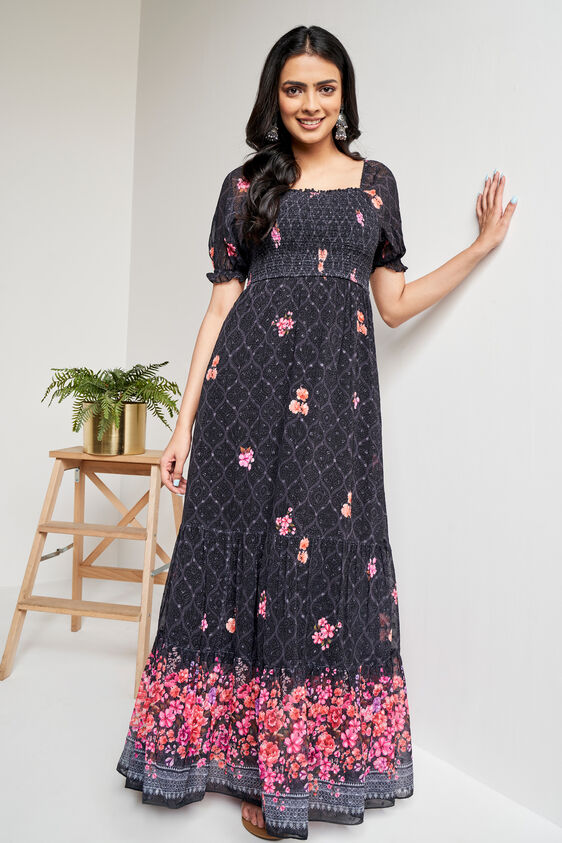 Black Floral Flared Gown, Black, image 1