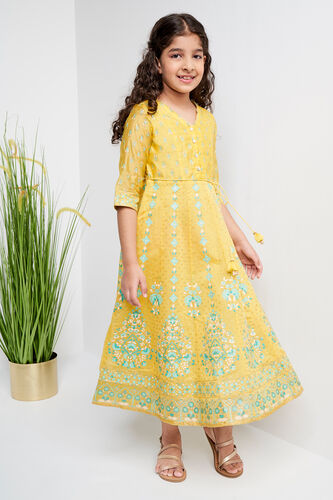 Yellow Khadi Print Straight Gown, Yellow, image 2