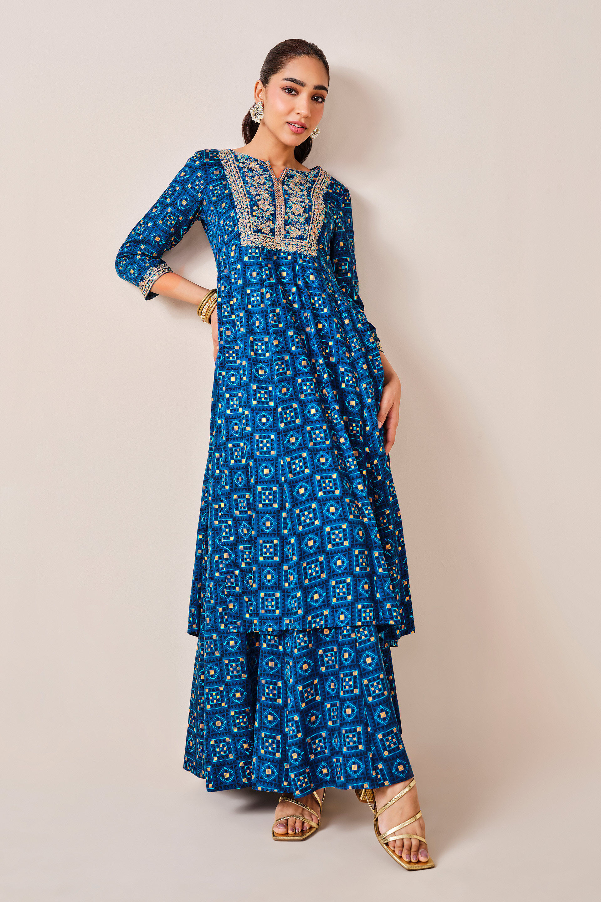 Blue embroidered Kurta - Skirt Set, Blue, image 4