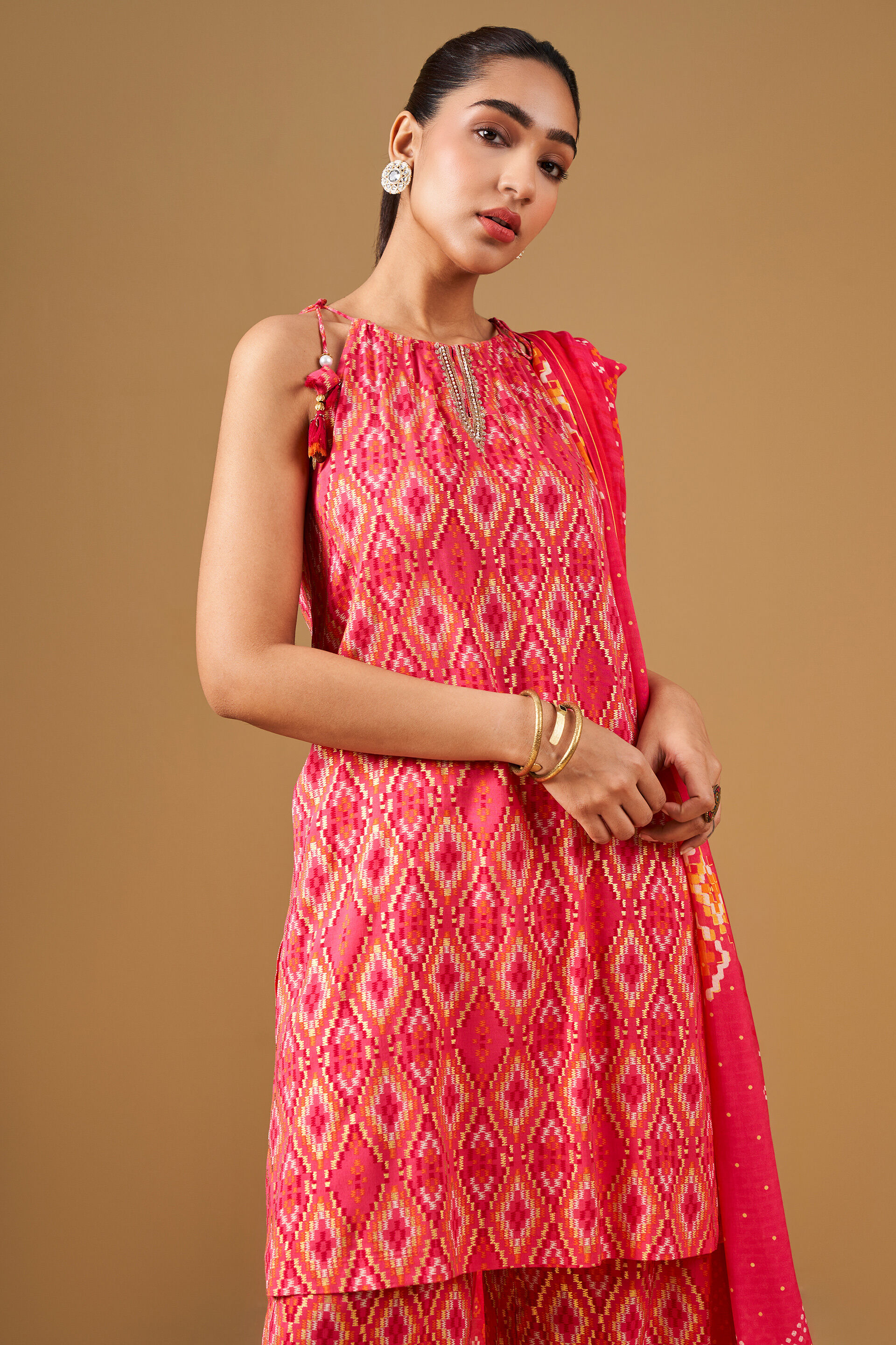 Pink Geometric Print Viscose Kurta Set, Pink, image 4
