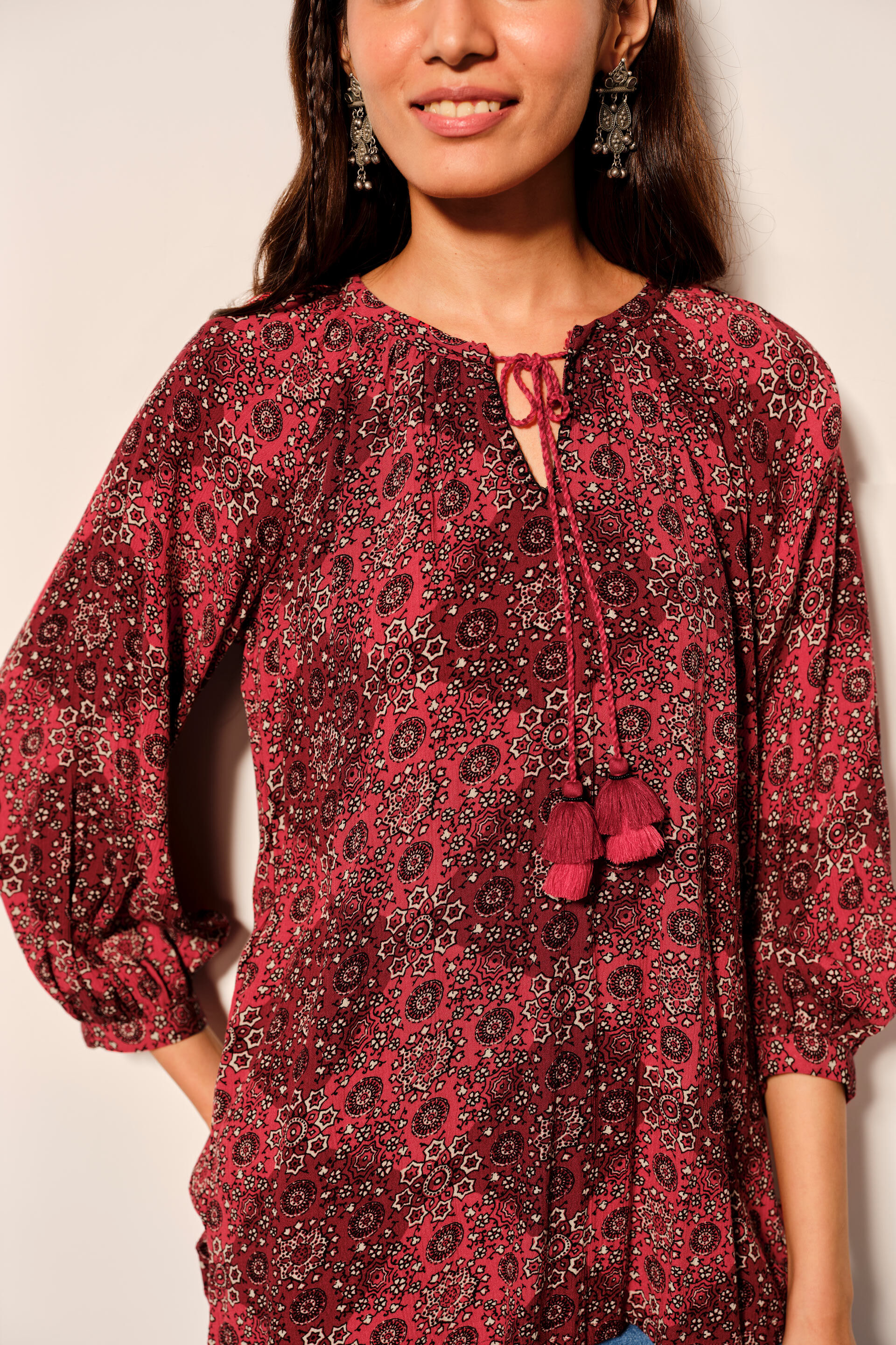 Rusted Red Ethnic Floral Print Viscose Top, Rust, image 4