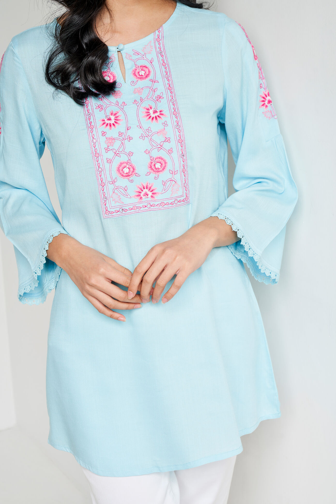 Powder Blue Solid Curved Tunic, Powder Blue, image 4