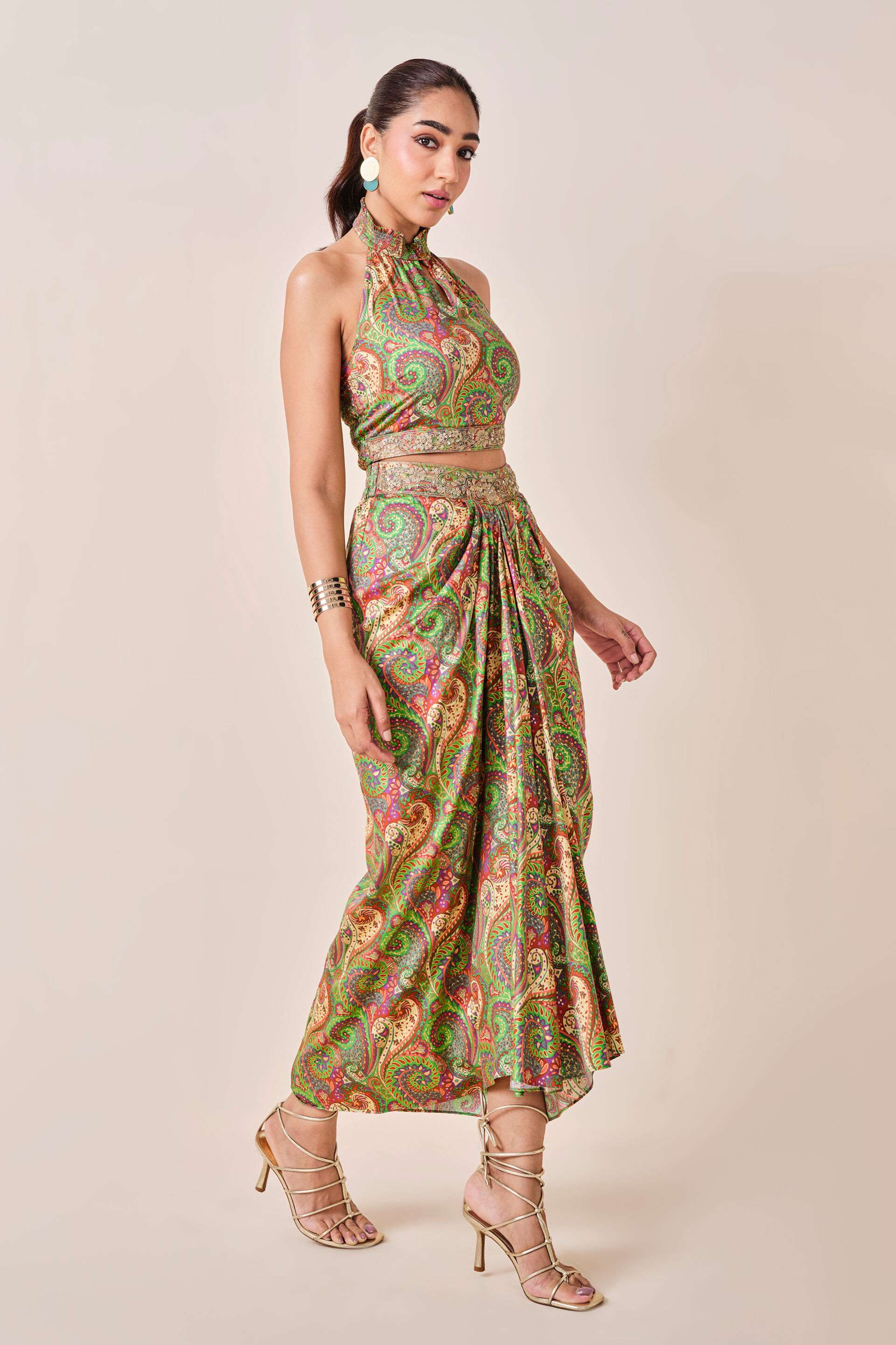 Green Motif Print Drape Skirt Set, Green, image 8