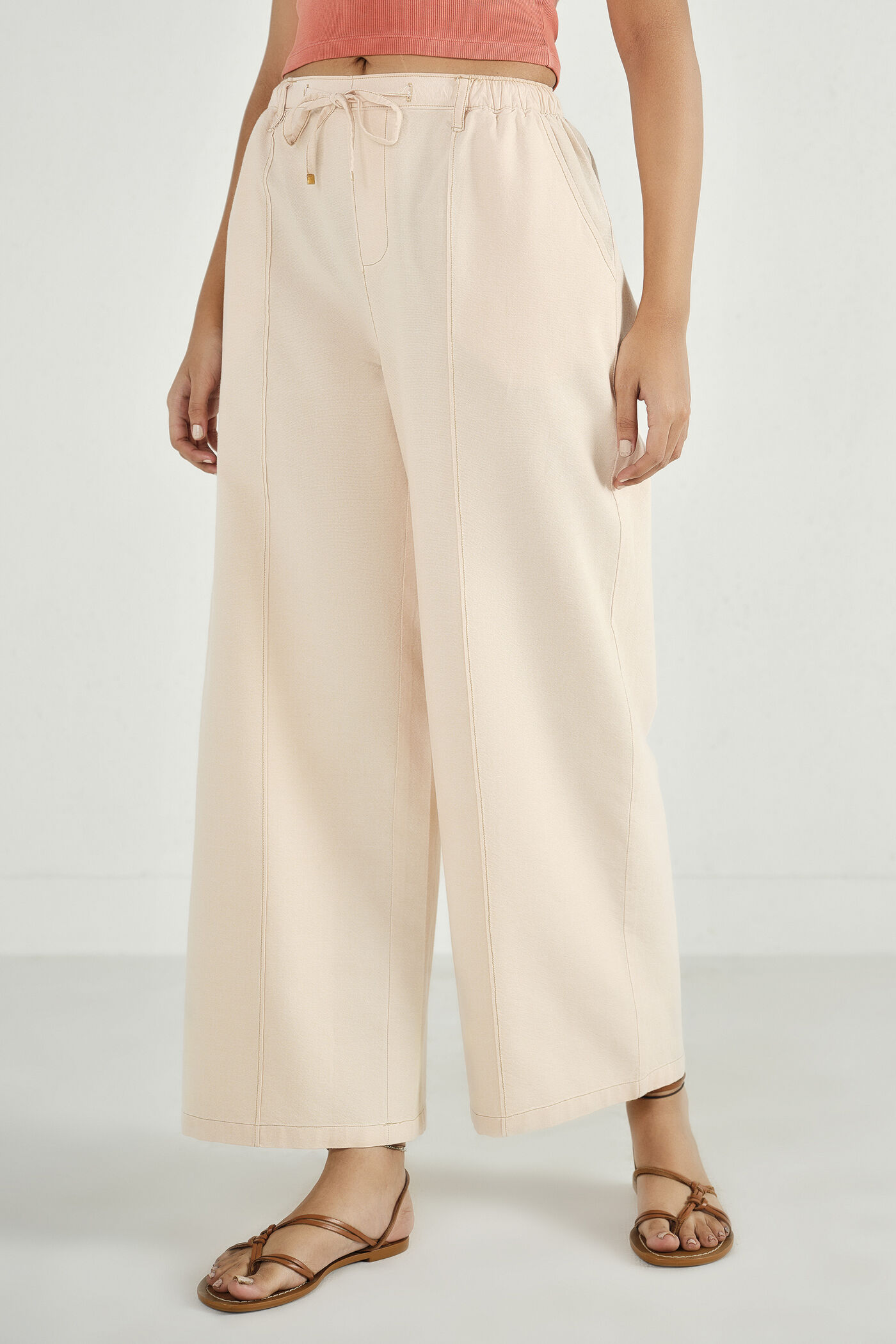 Beige Cotton Straight Pants