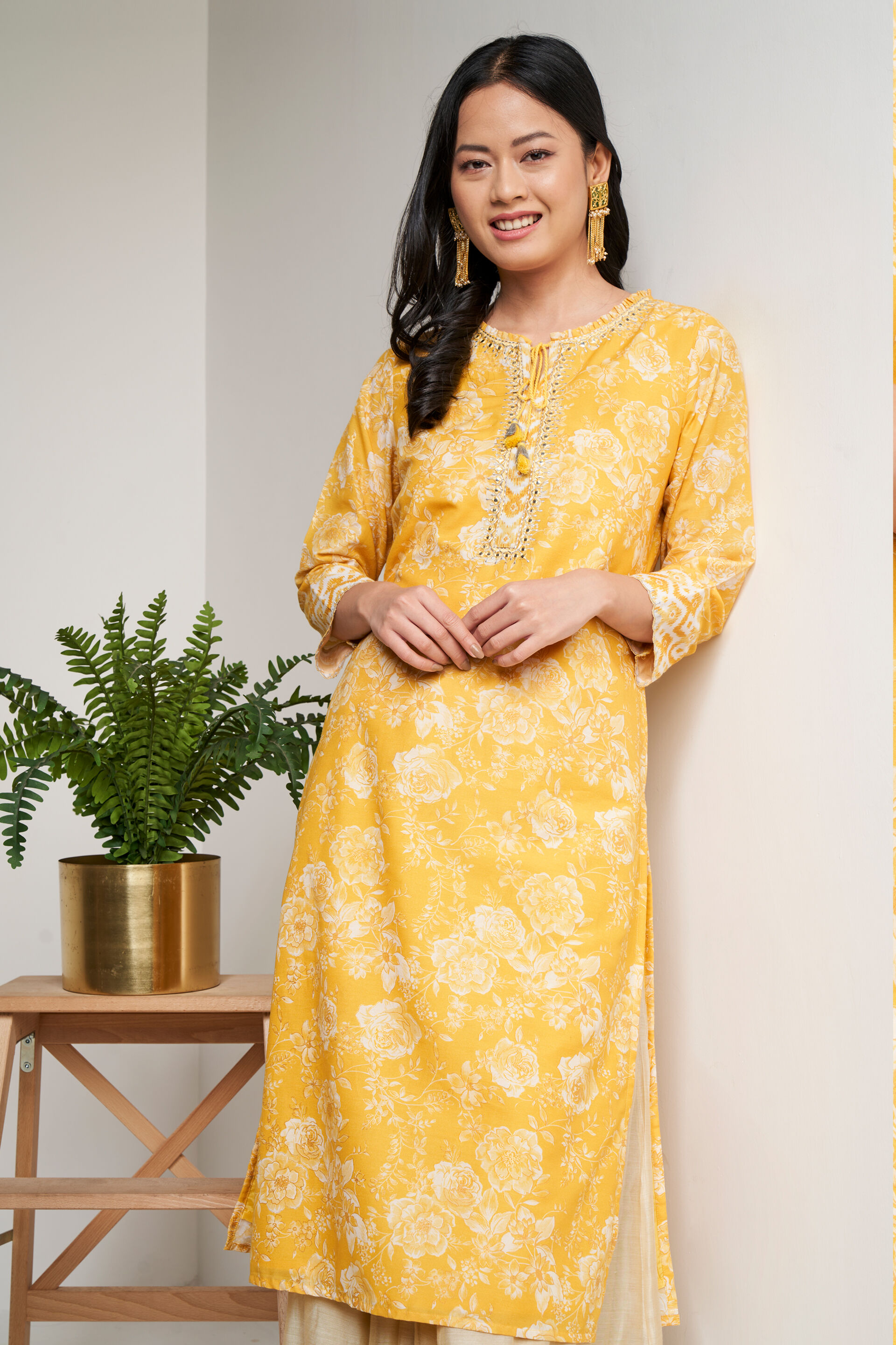 Buy Casual Wear Yellow Embroidery Work Rayon Cotton Kurti With Pant Online  From Surat Wholesale Shop.