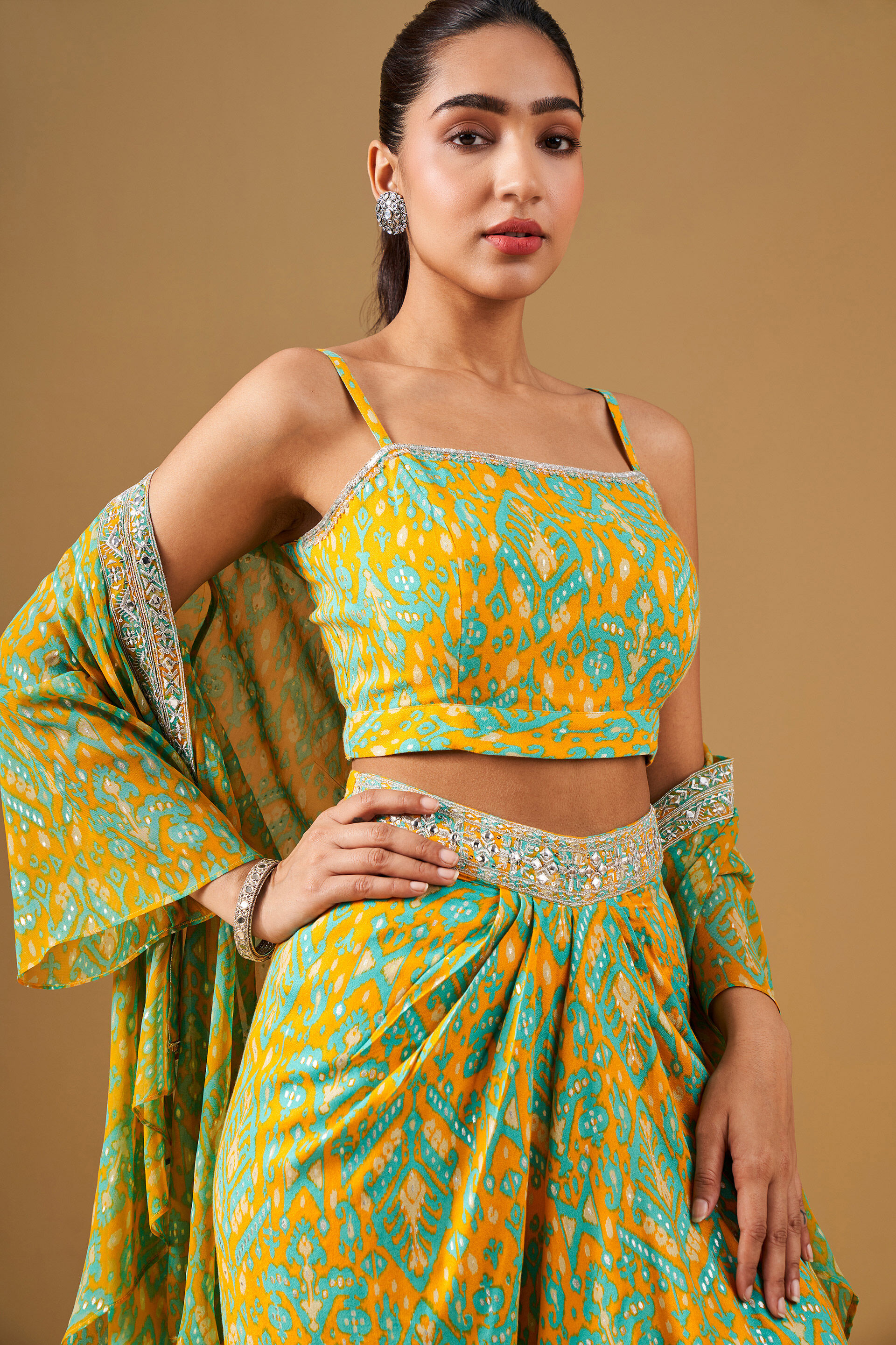 Ikat Inspired Asymmetrical Skirt Co-ord Set, Mustard, image 7