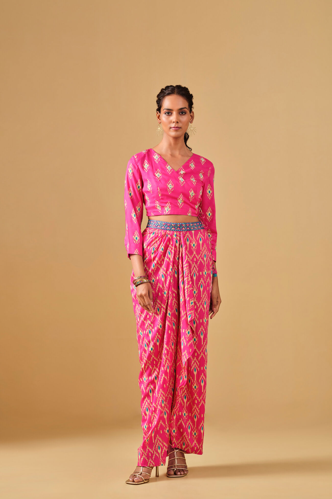 Ikat Inspired Pink Viscose Skirt Set, Pink, image 1